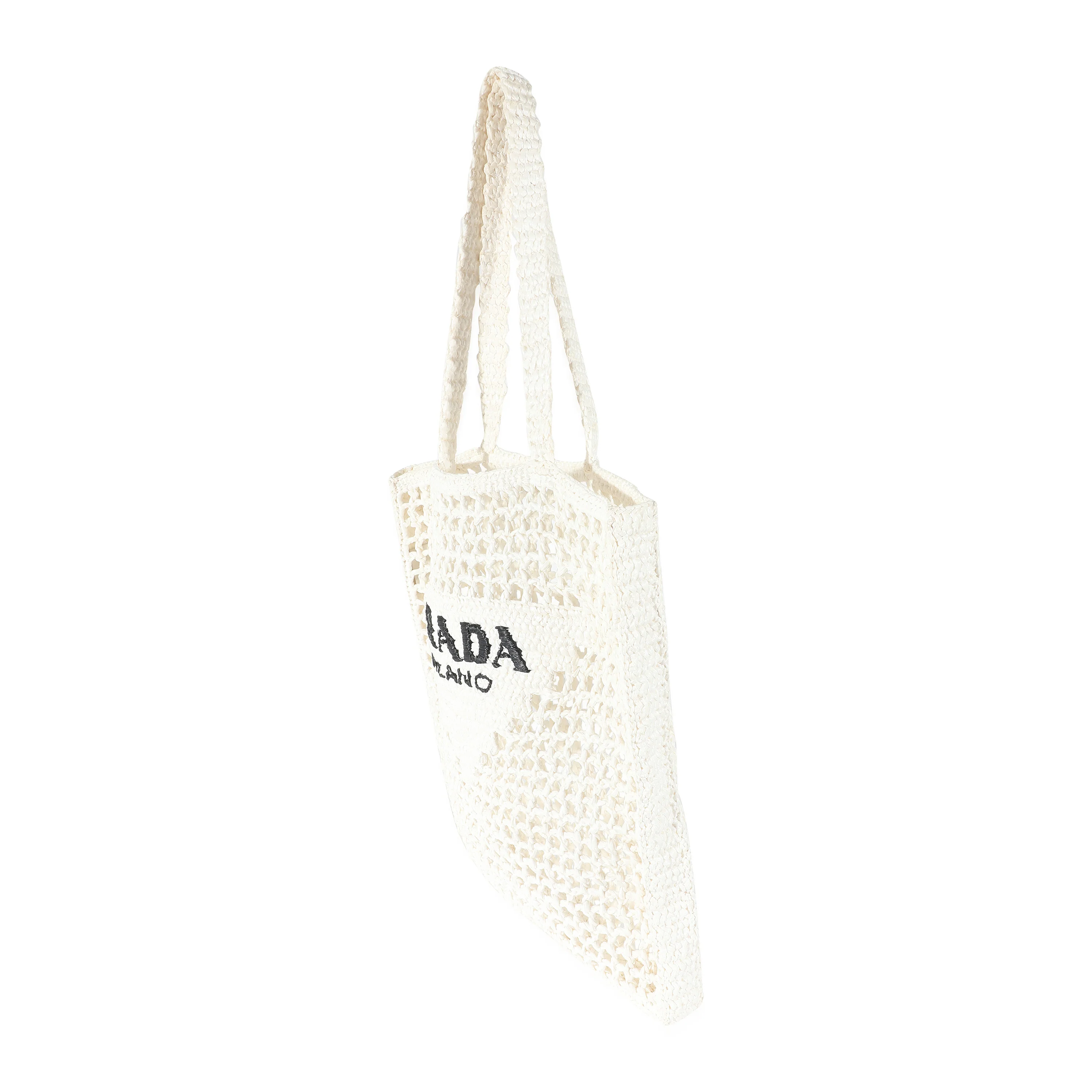 White Raffia Crochet Triangle Logo Tote - Image 2