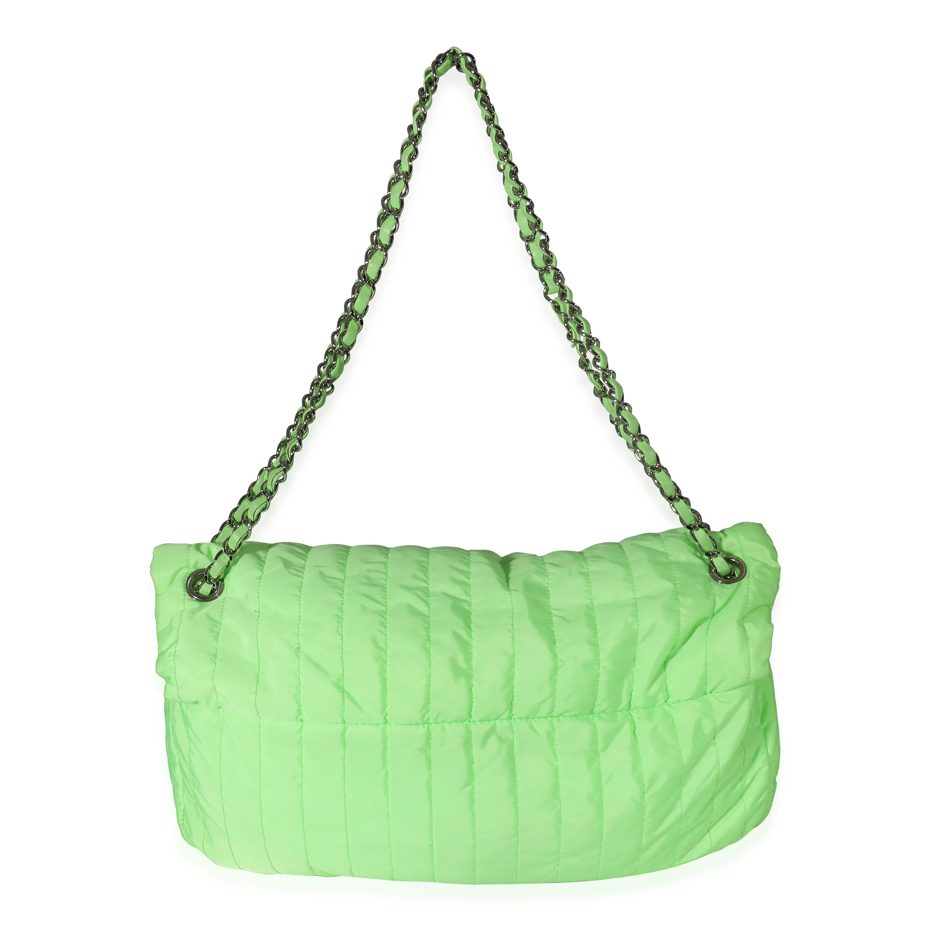 Chanel Neon Green Nylon Vertical Stretch Soft Shell Maxi Flap - Image 2
