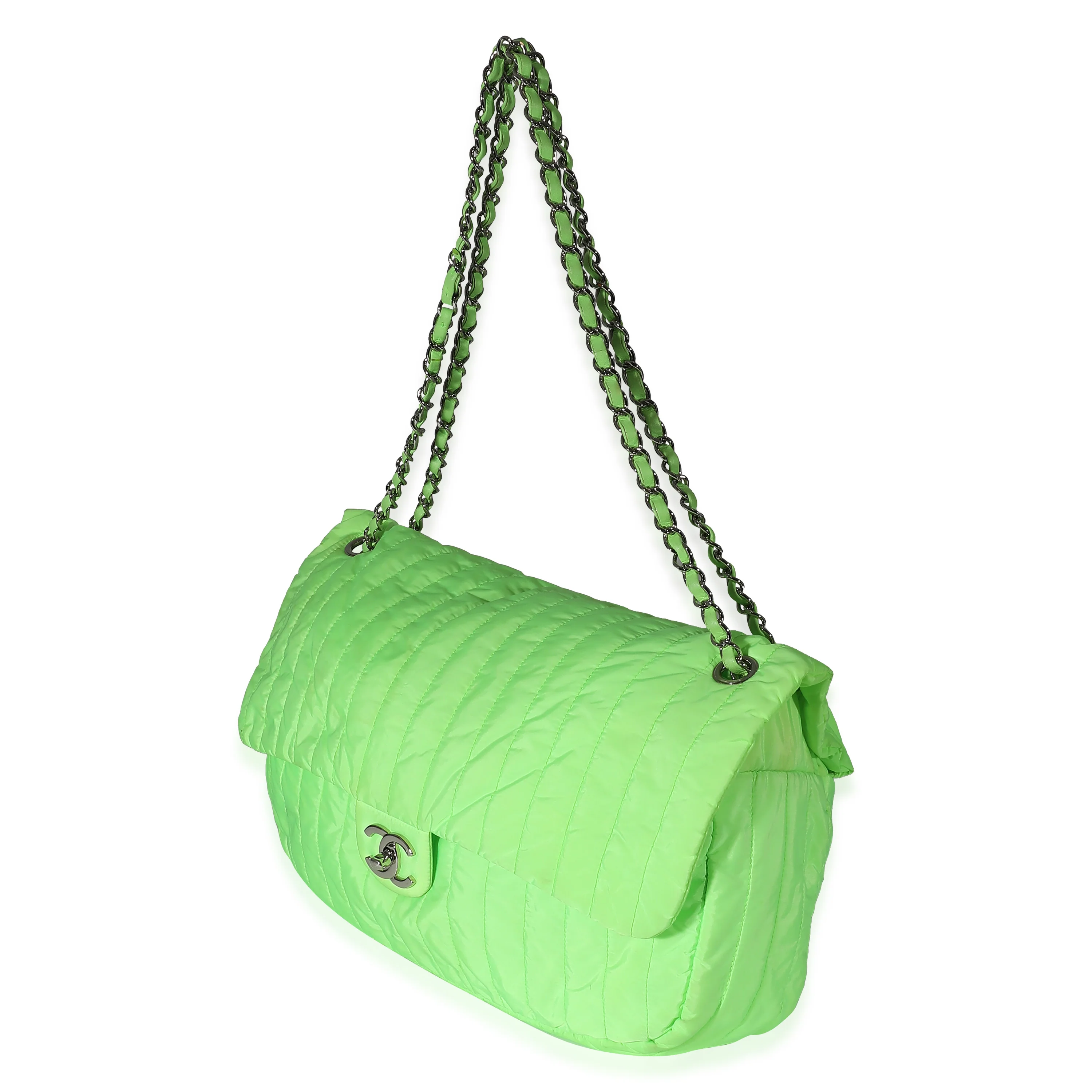 Chanel Neon Green Nylon Vertical Stretch Soft Shell Maxi Flap - Image 3