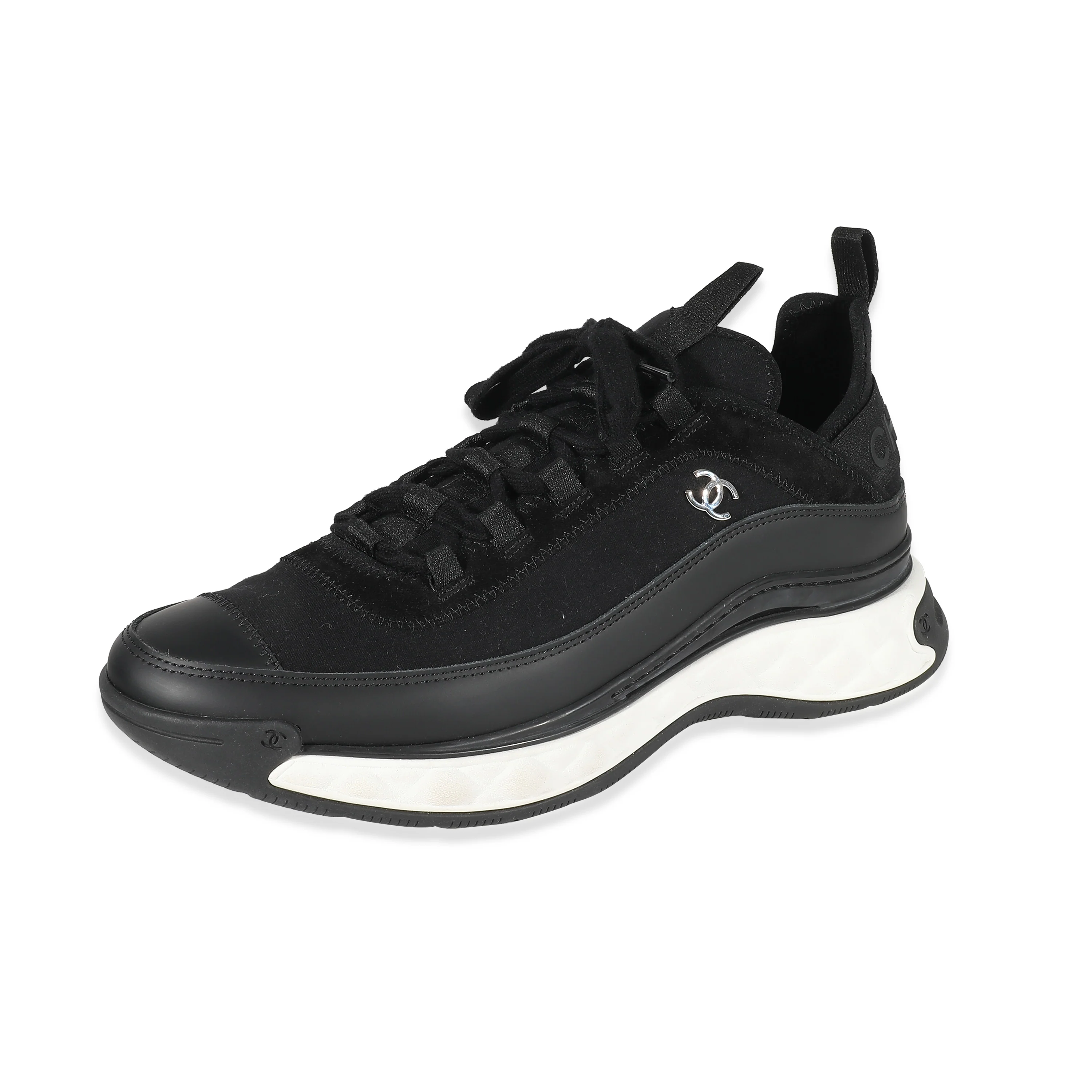 Chanel Black Velvet Calfskin Knit CC Sneakers 43 - Image 2