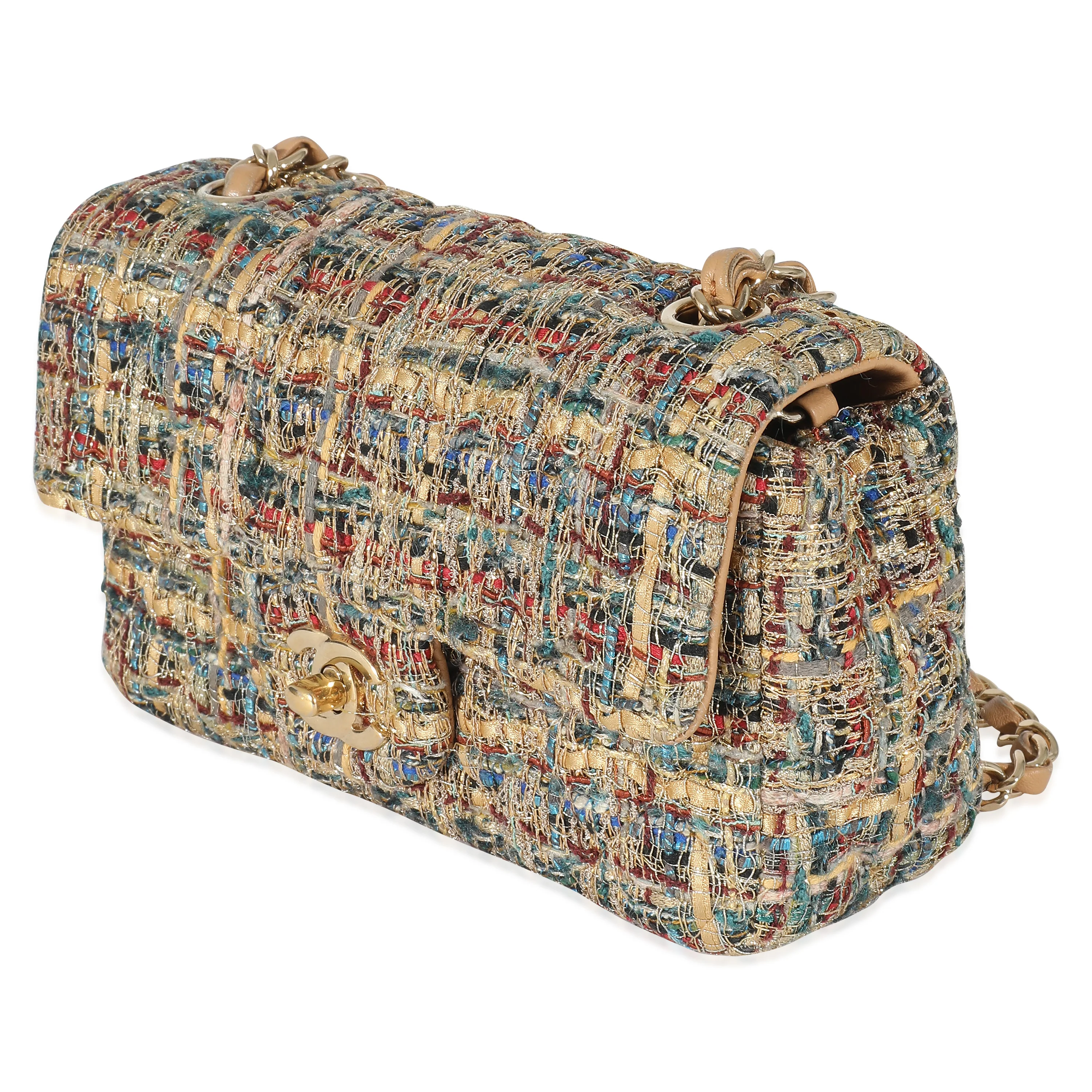 Chanel 19A Gold Metallic Blue Tweed Mini Rectangular Flap Bag - Image 2