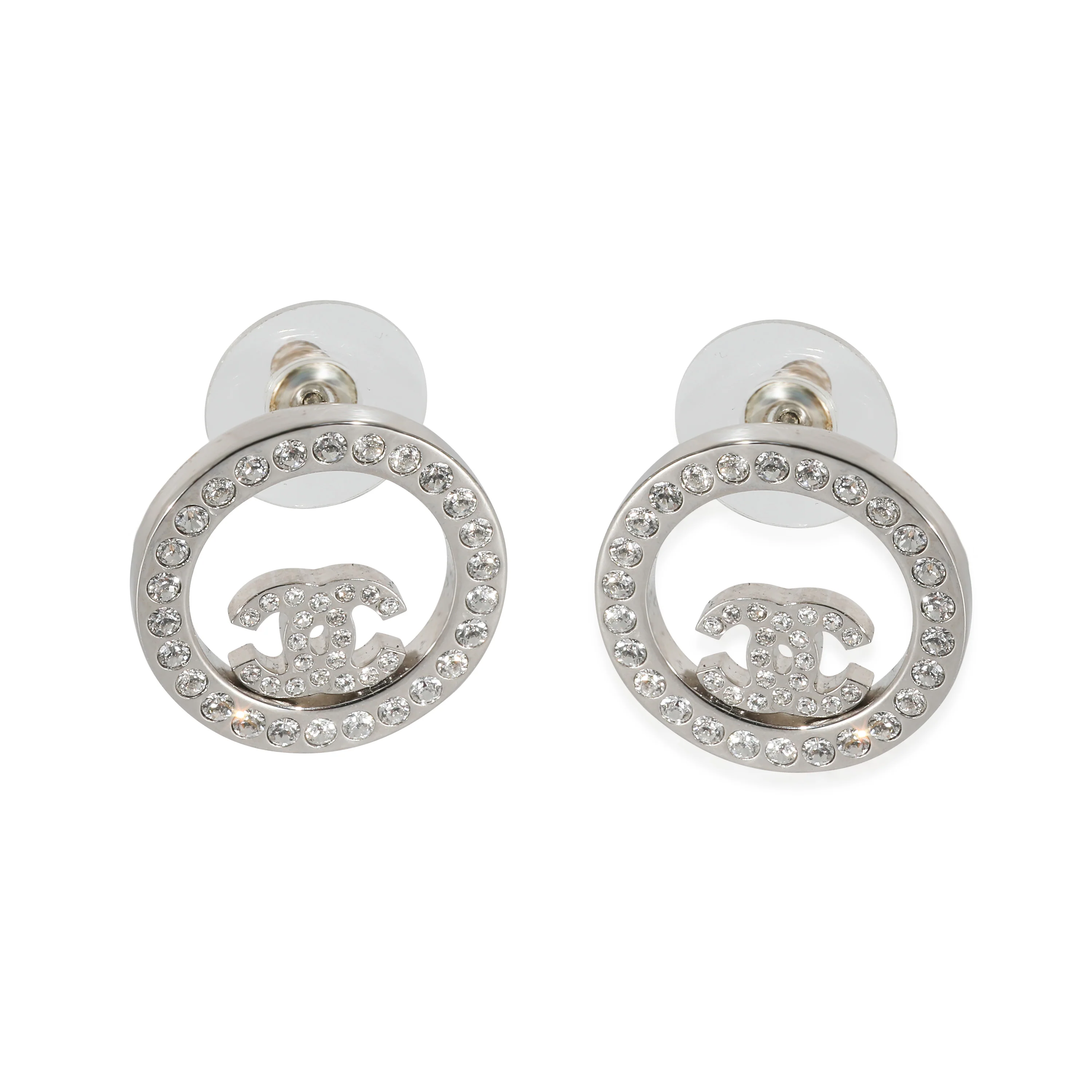 Silver Tone Chanel 2021 CC Strass Earrings