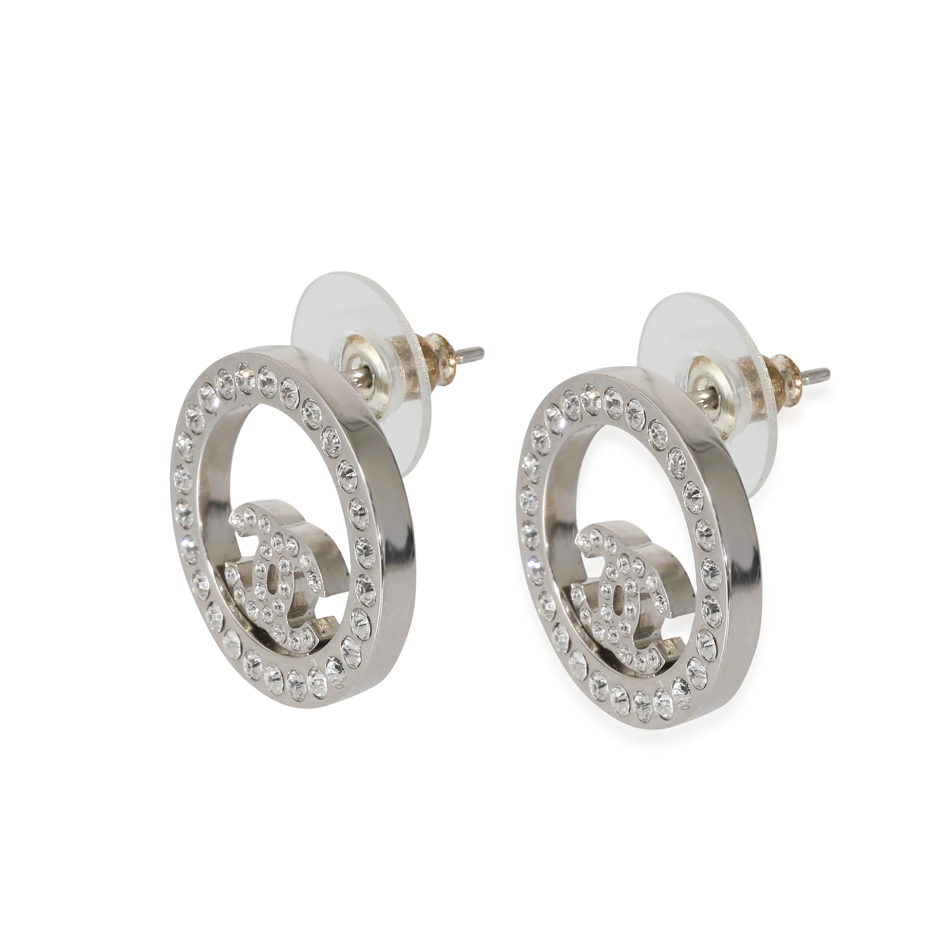 Silver Tone Chanel 2021 CC Strass Earrings - Image 2