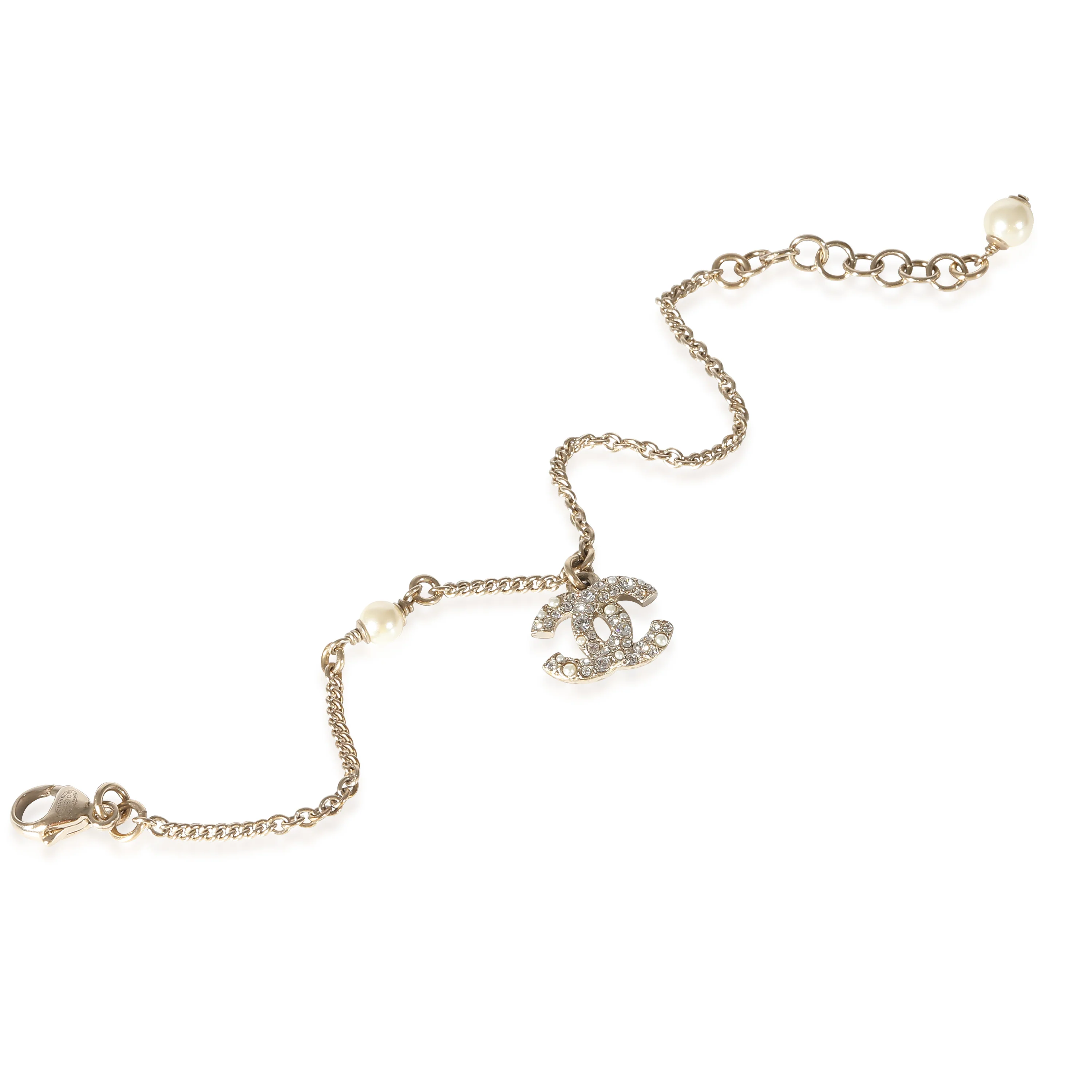 Gold Plated Chanel 2021 CC Link Bracelet With Faux Pearl & Strass Bracelet - Image 2