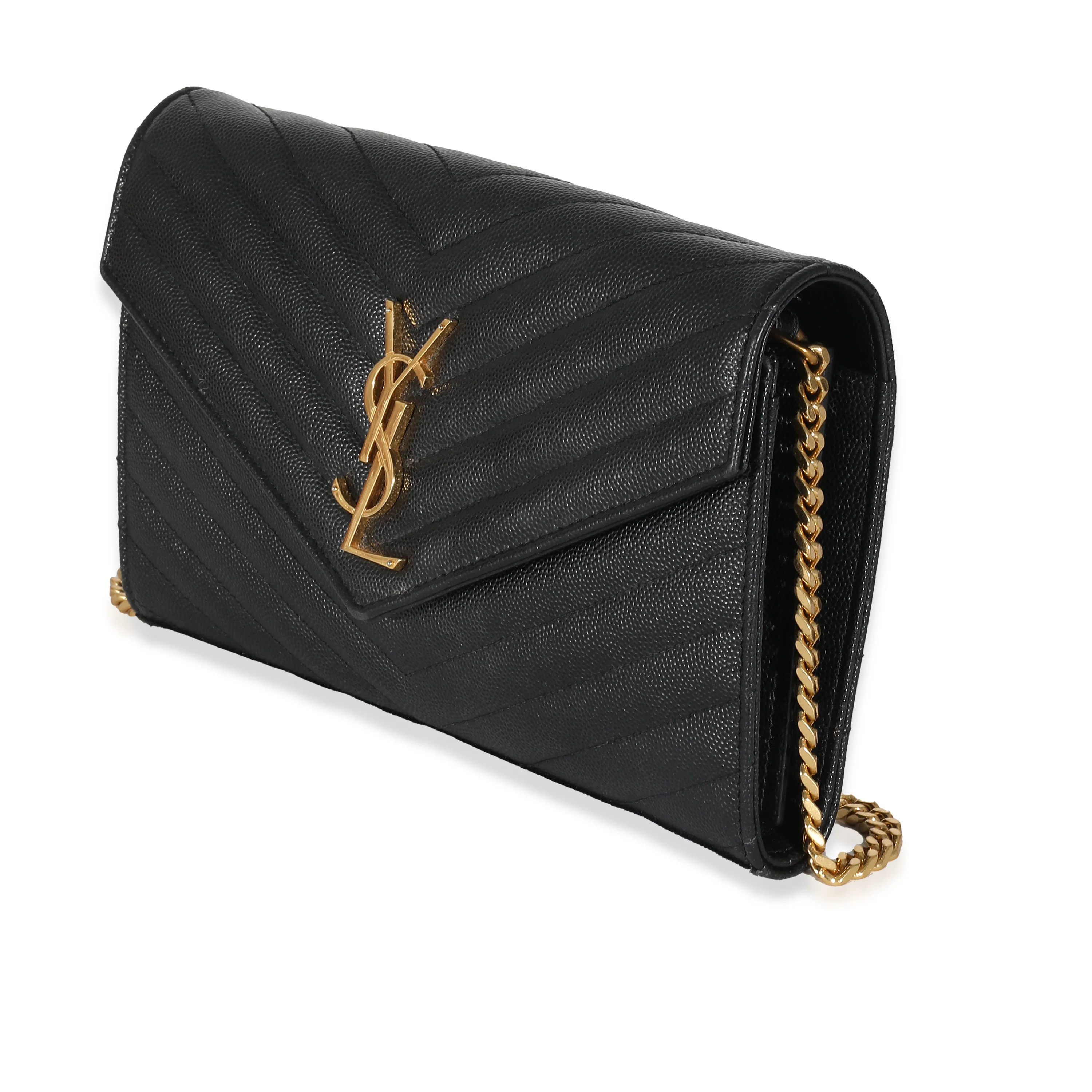 Saint Laurent Black Grain De Poudre Chevron Cassandre Chain Wallet - Image 2
