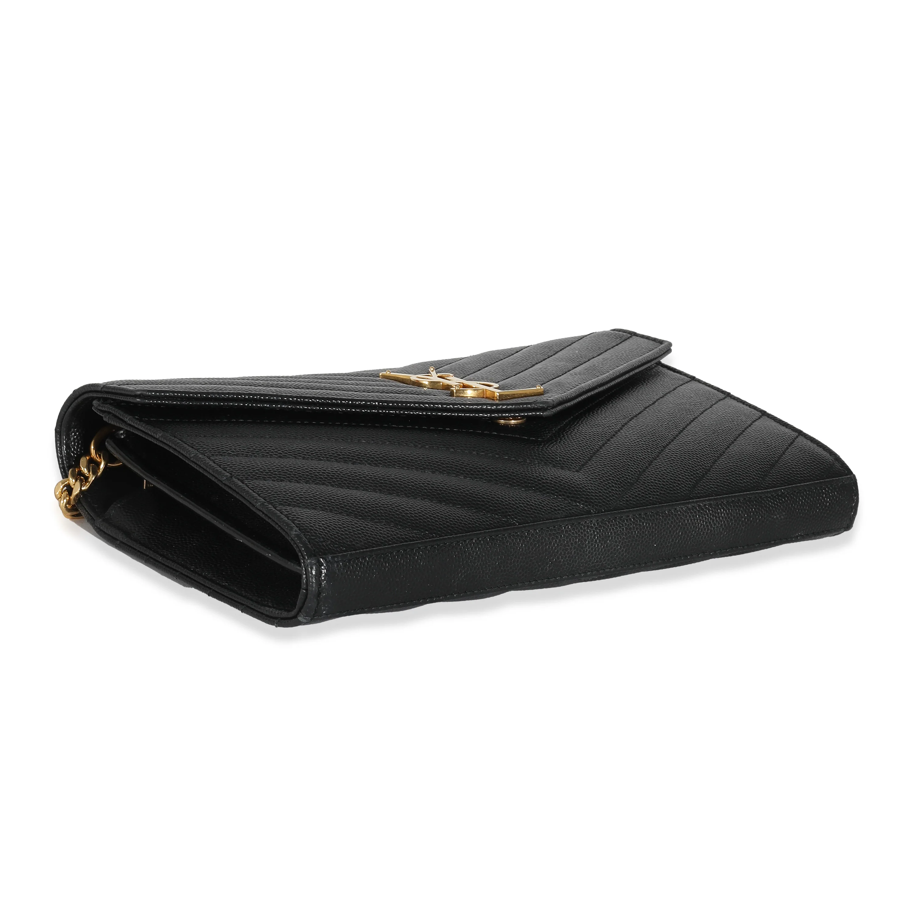 Saint Laurent Black Grain De Poudre Chevron Cassandre Chain Wallet - Image 6