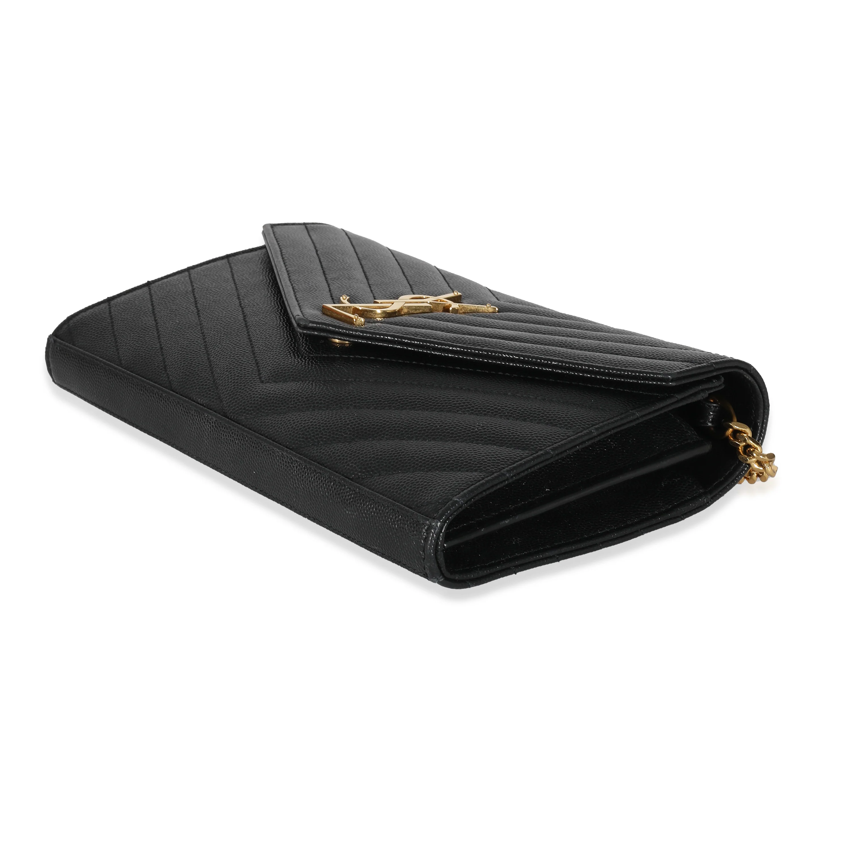 Saint Laurent Black Grain De Poudre Chevron Cassandre Chain Wallet - Image 7