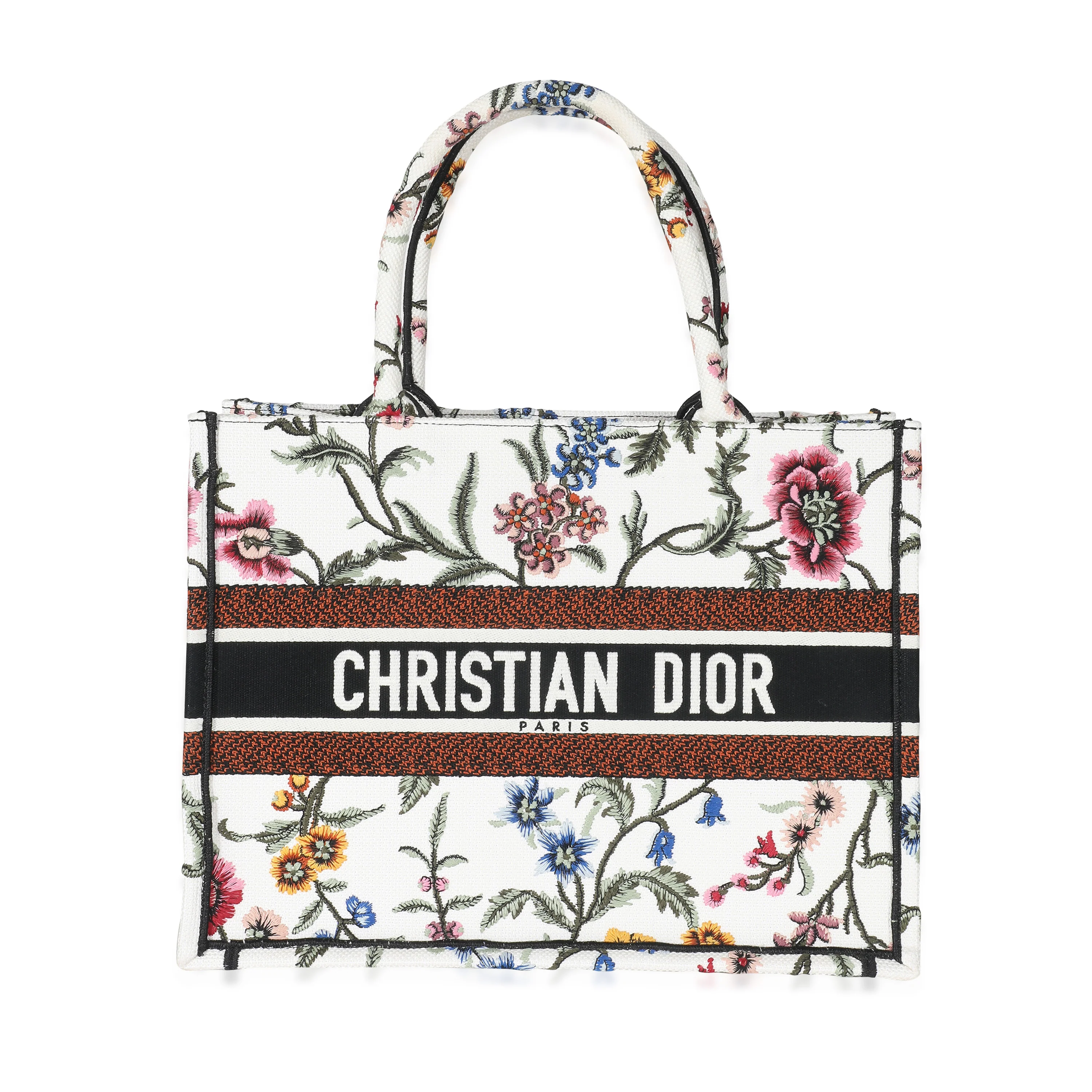 Christian Dior White Dior Petites Fleurs Embroidery Medium Dior Book Tote