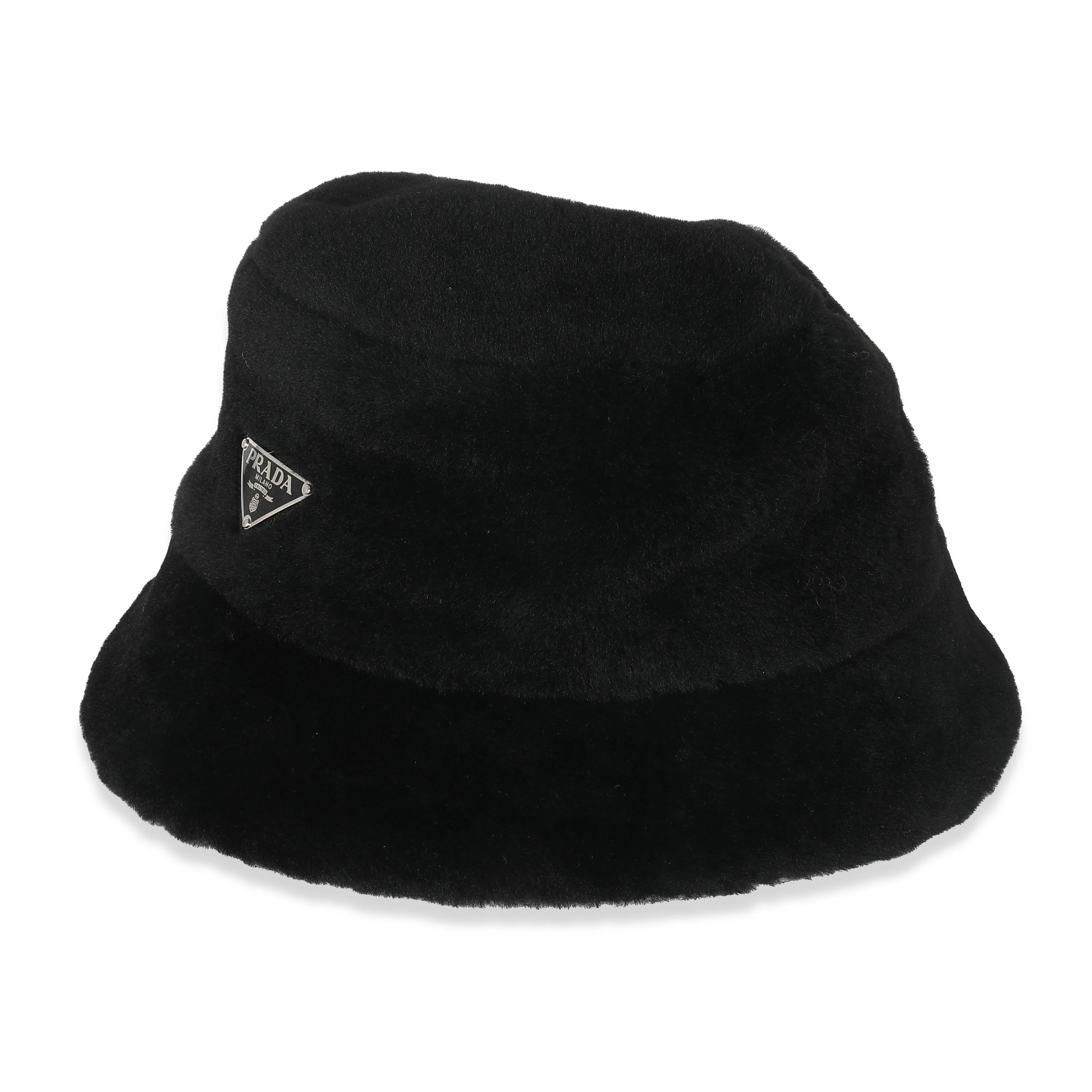 Prada Black Shearling Logo Bucket Hat L - Image 2