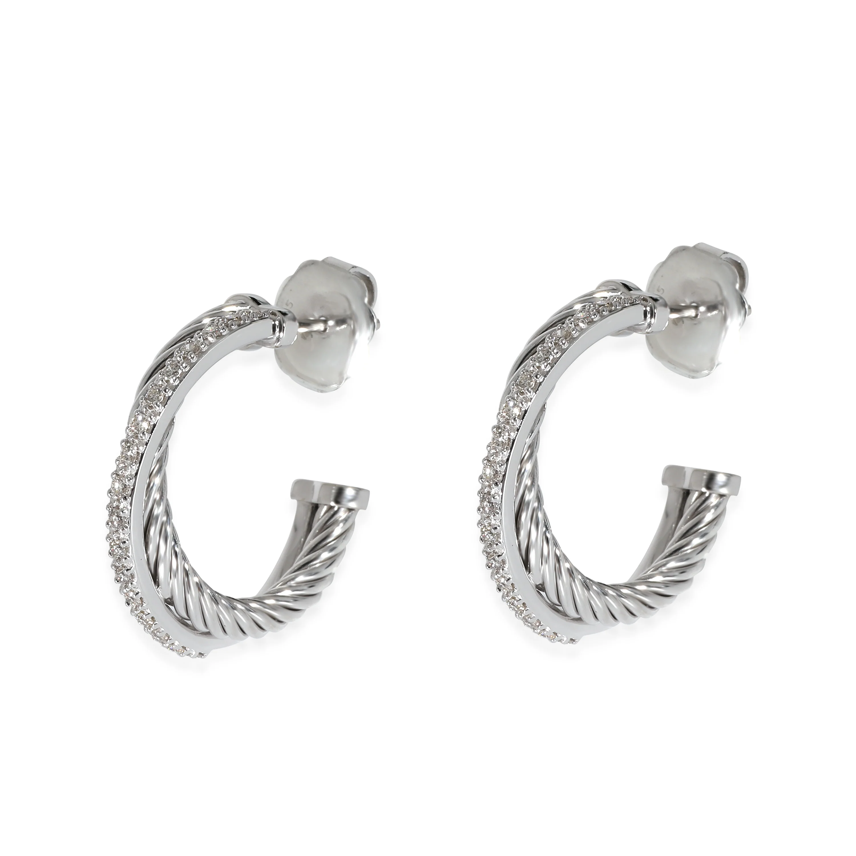 David Yurman Crossover Hoop Earrings in 18k White Gold/Sterling Silver 0.3 CTW - Image 2