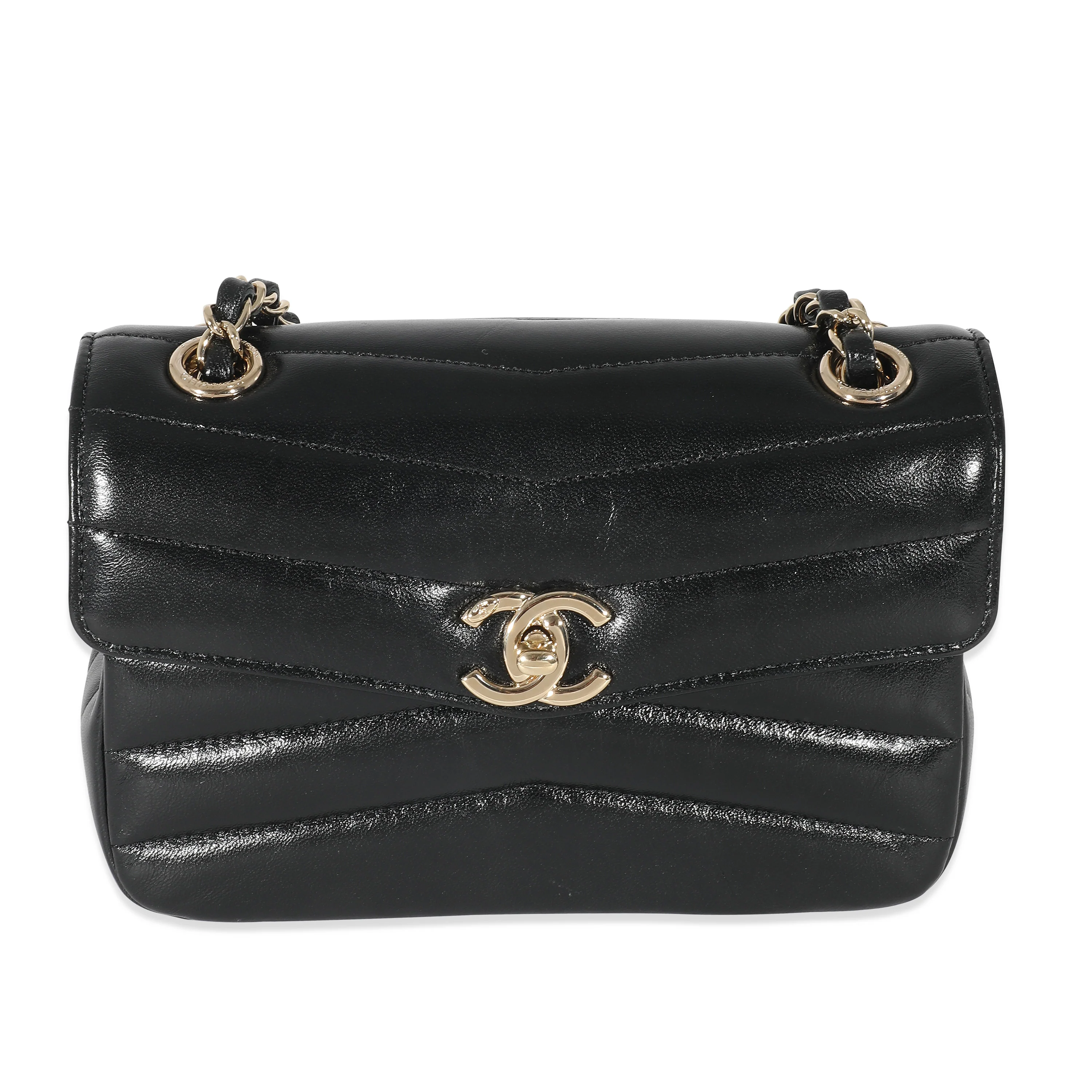 Chanel 19B Black Shiny Chevron Lambskin Small Miroir Flap