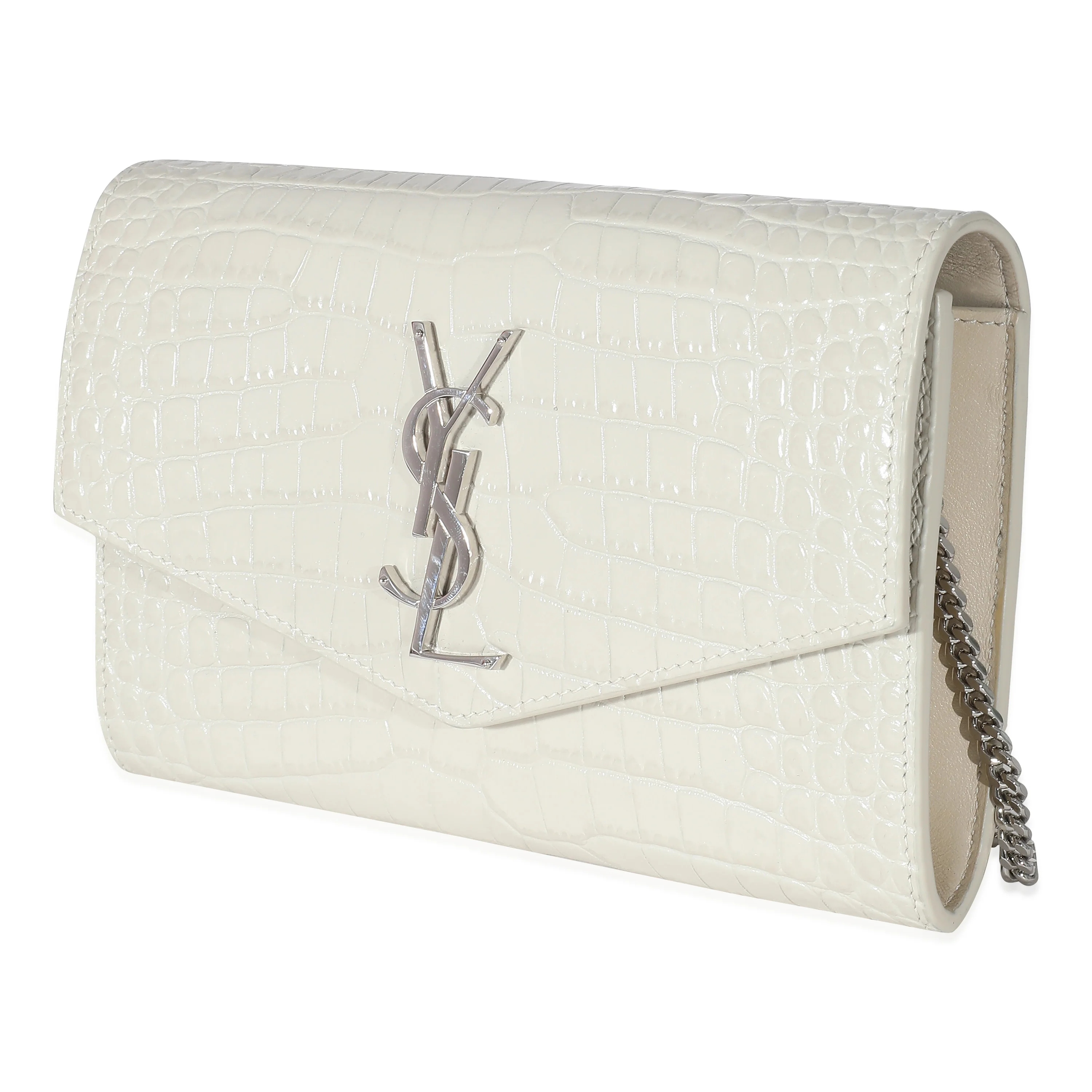 Saint Laurent Blanc Croc Embossed Uptown Chain Wallet - Image 2
