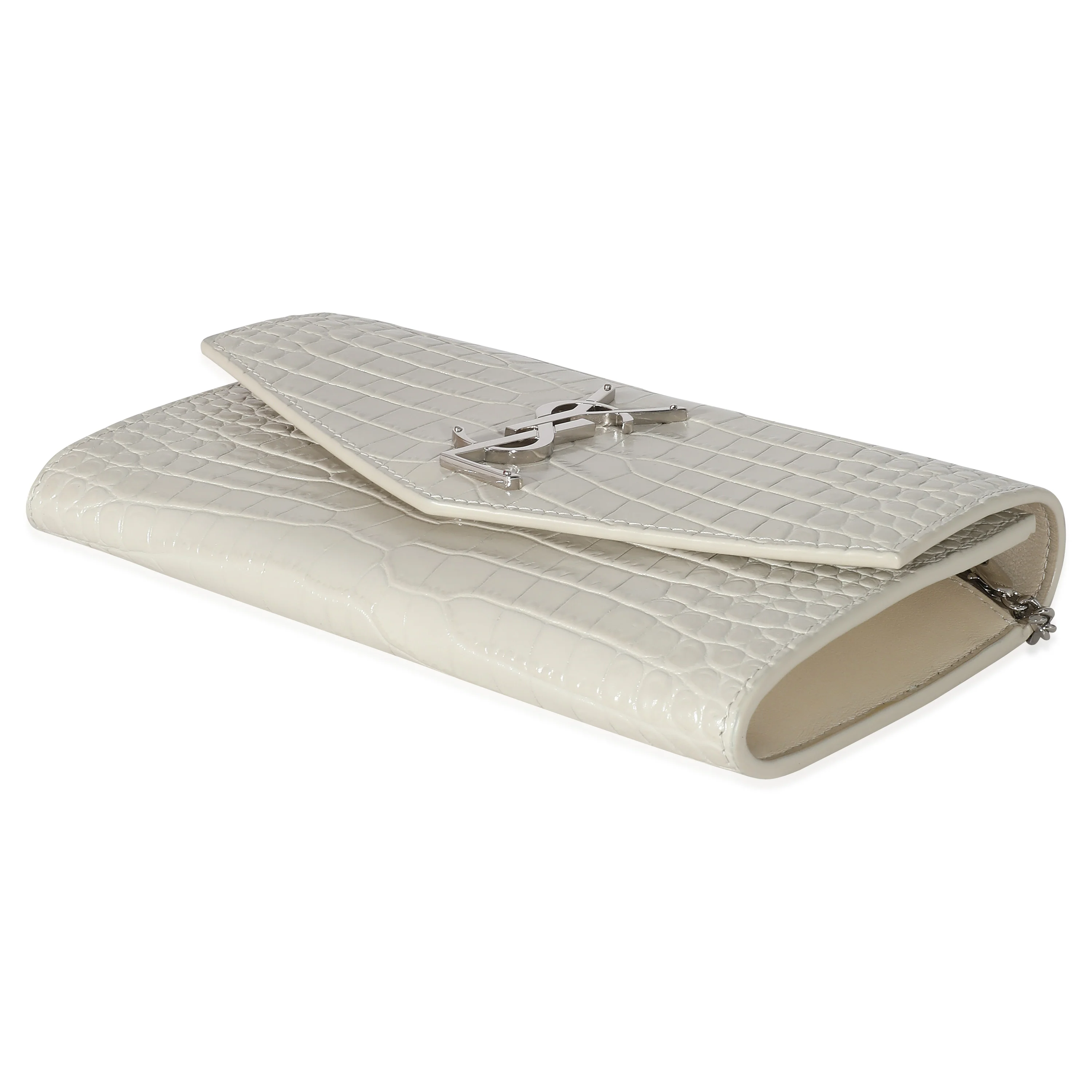 Saint Laurent Blanc Croc Embossed Uptown Chain Wallet - Image 4