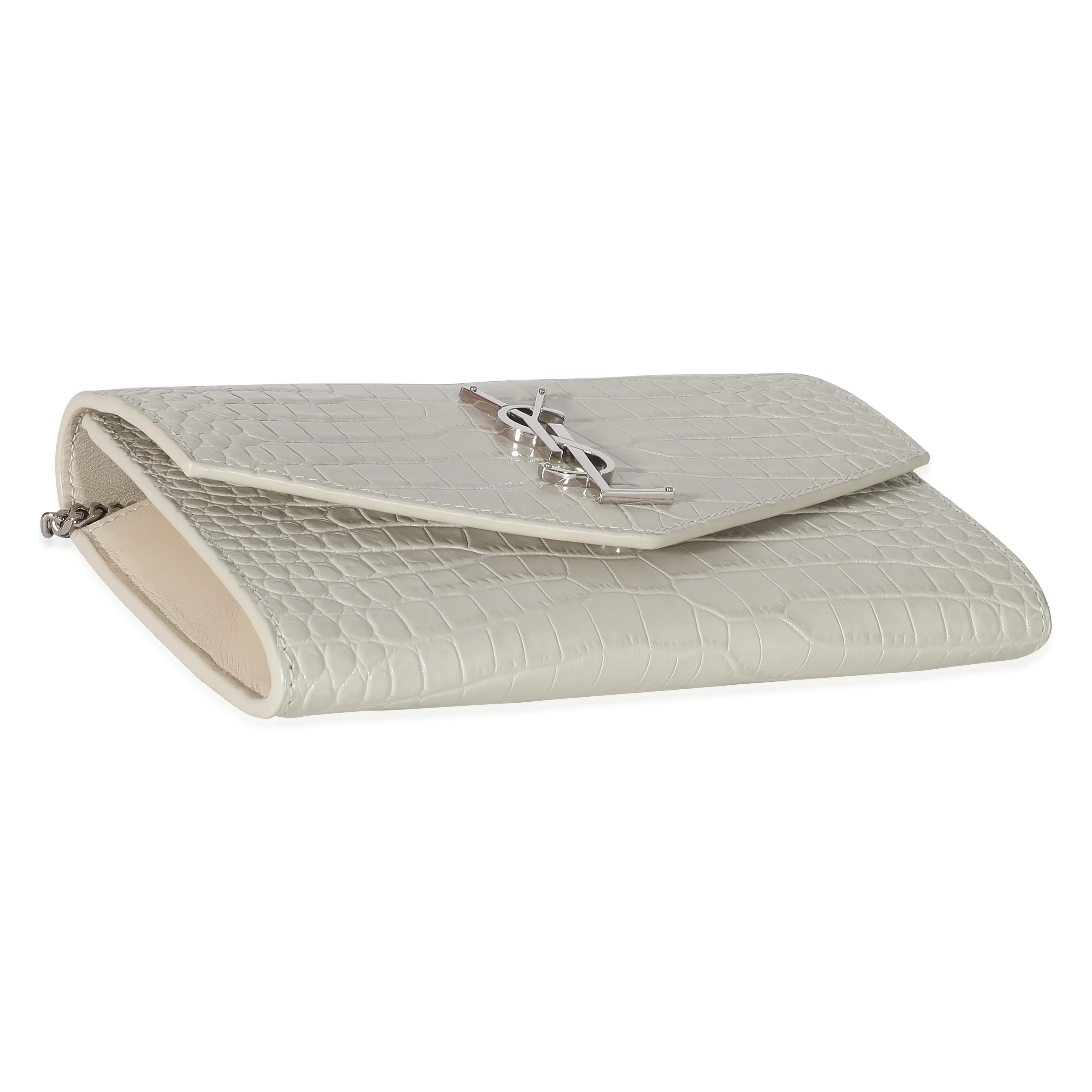 Saint Laurent Blanc Croc Embossed Uptown Chain Wallet - Image 5