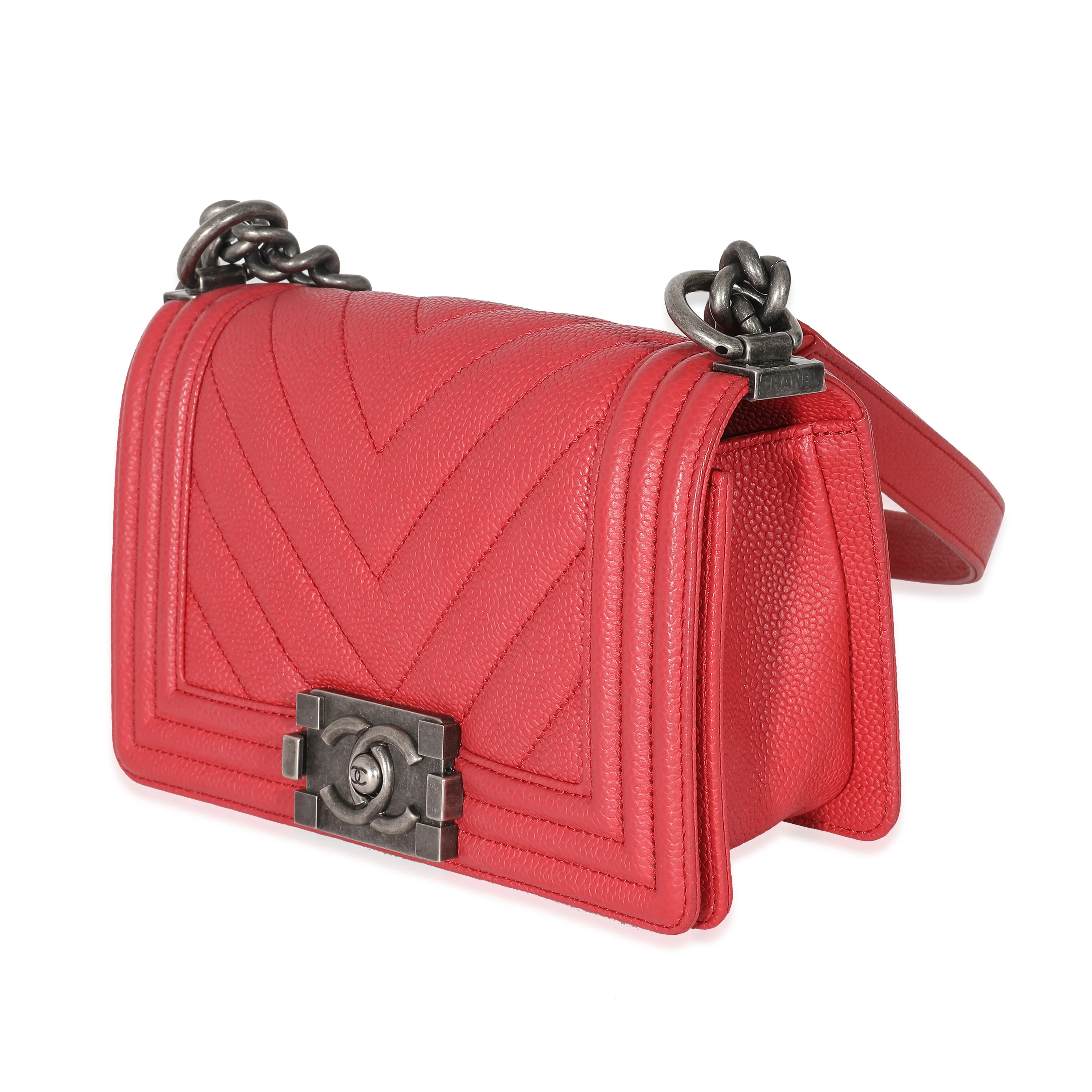 Chanel Red Caviar Chevron Small Boy Bag - Image 2