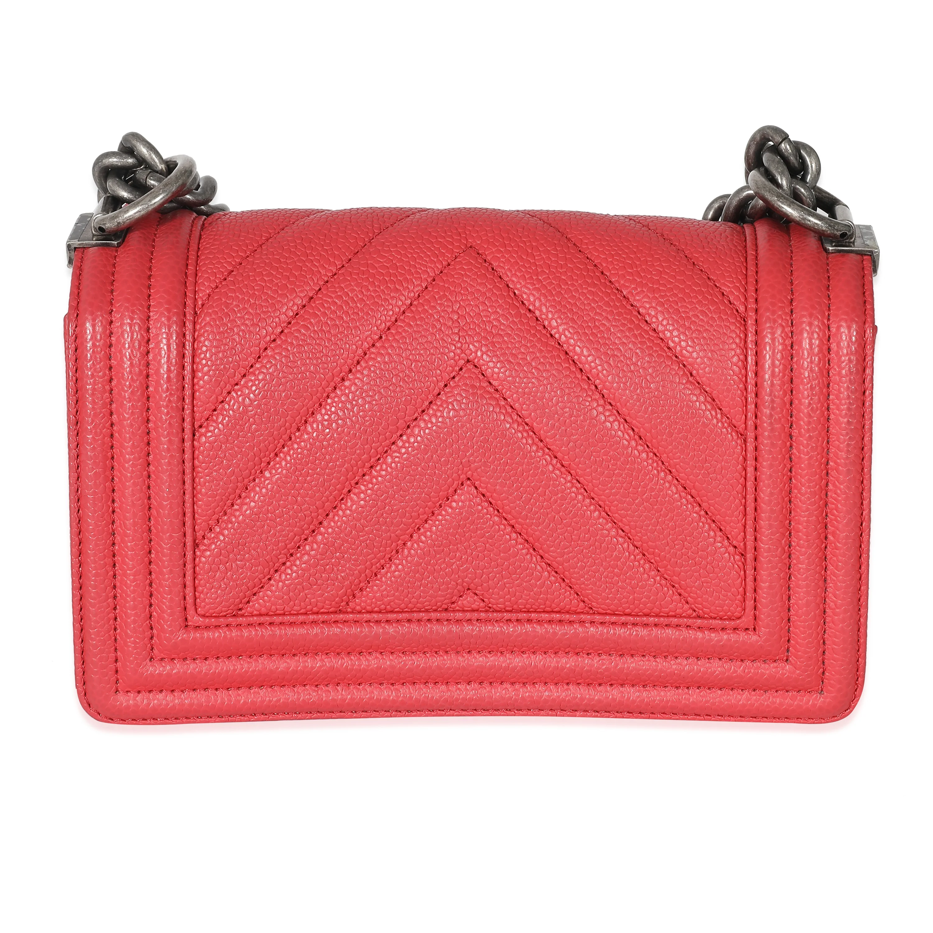 Chanel Red Caviar Chevron Small Boy Bag - Image 3