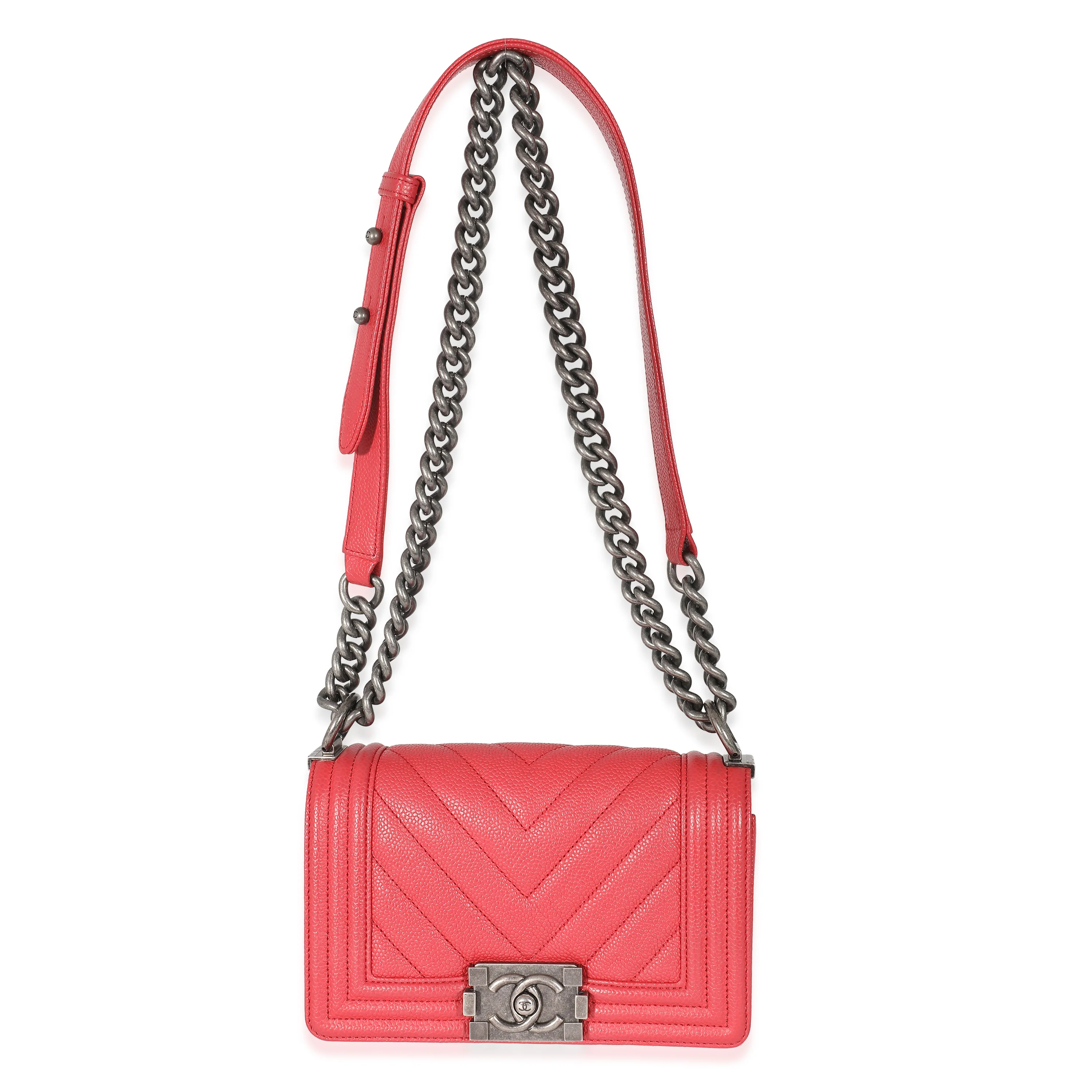 Chanel Red Caviar Chevron Small Boy Bag - Image 4
