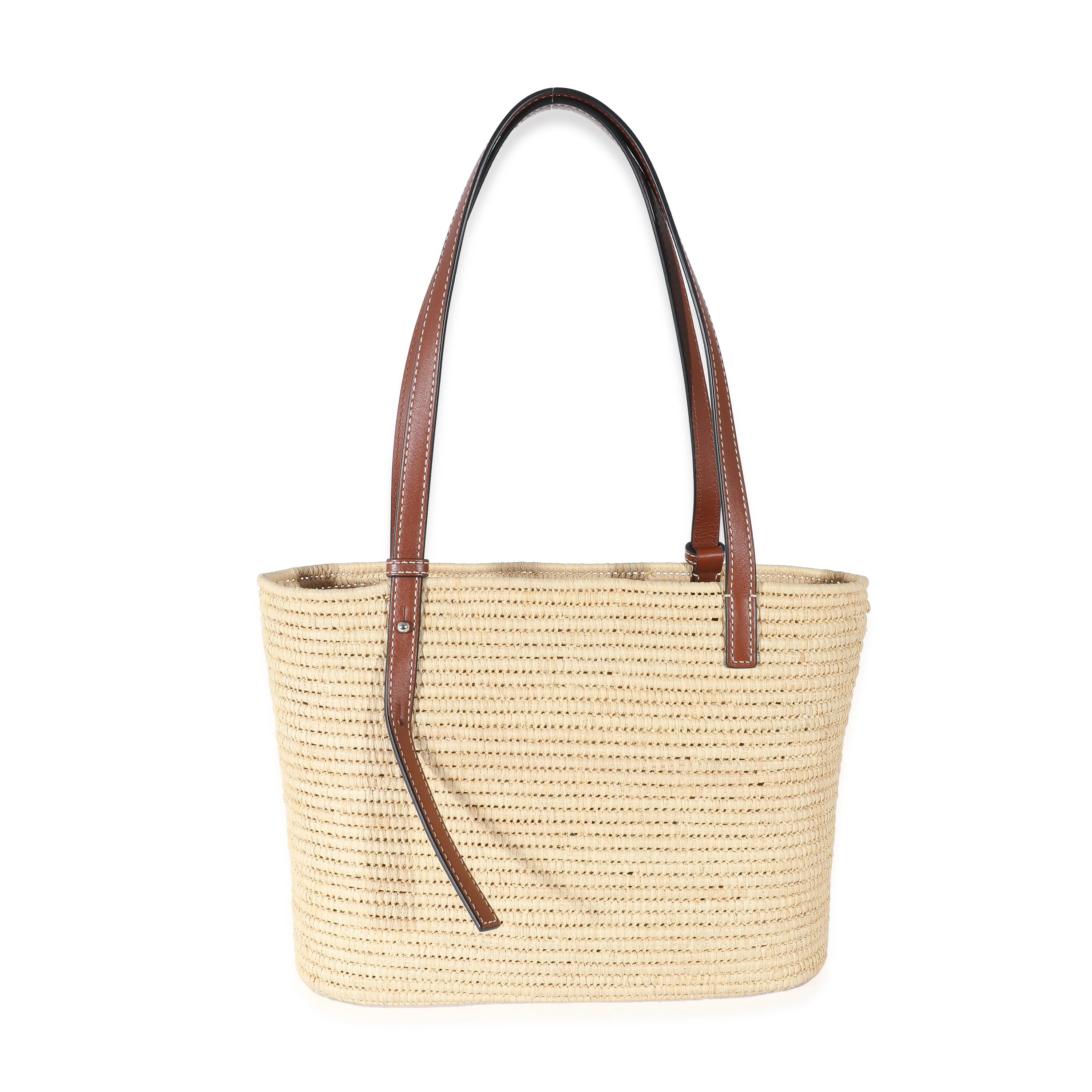 Loewe Natural Raffia Pecan Calfskin Small Square Basket Bag - Image 2