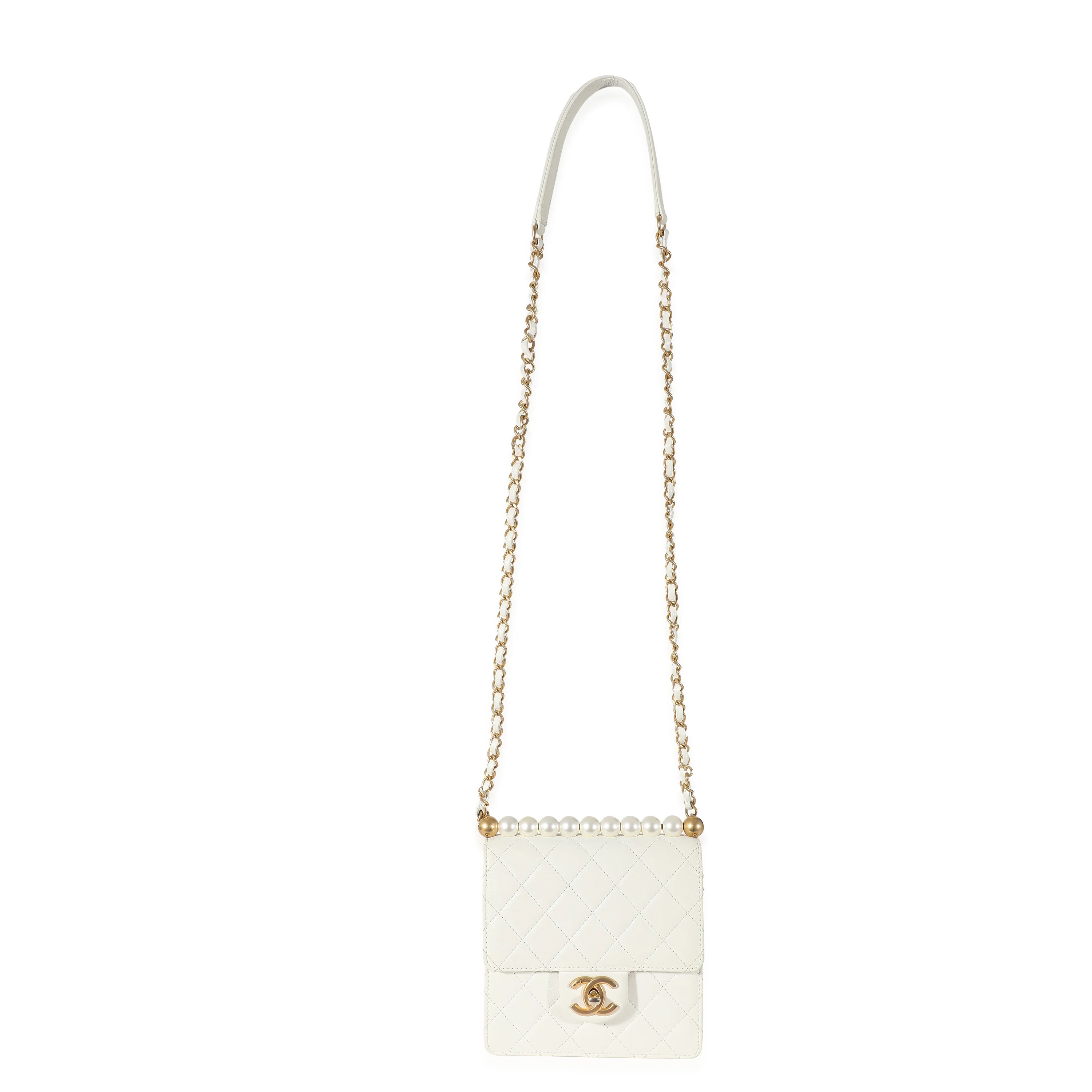 White Quilted Goatskin Vertical Chic Pearls Flap Bag - Image 4