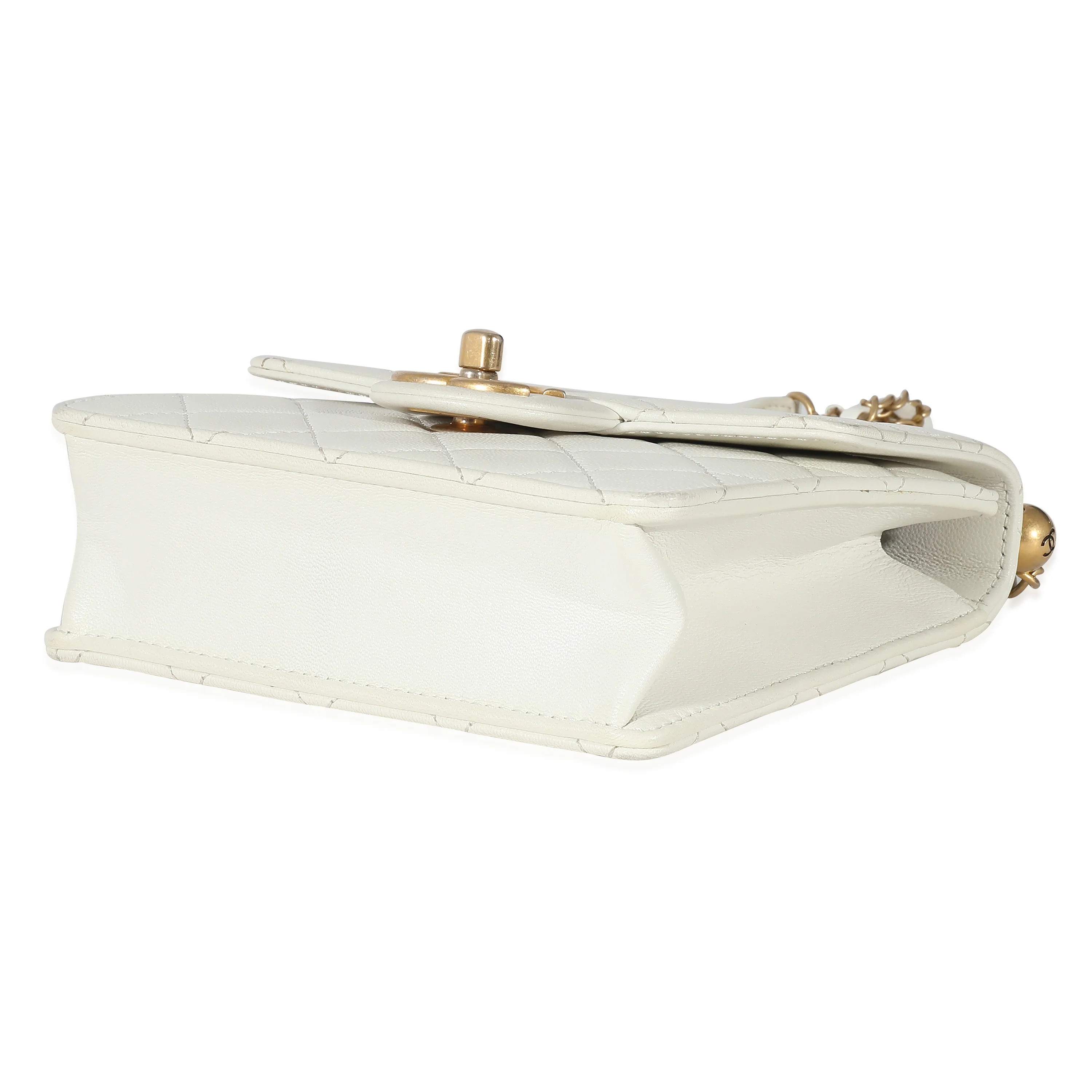 White Quilted Goatskin Vertical Chic Pearls Flap Bag - Image 7