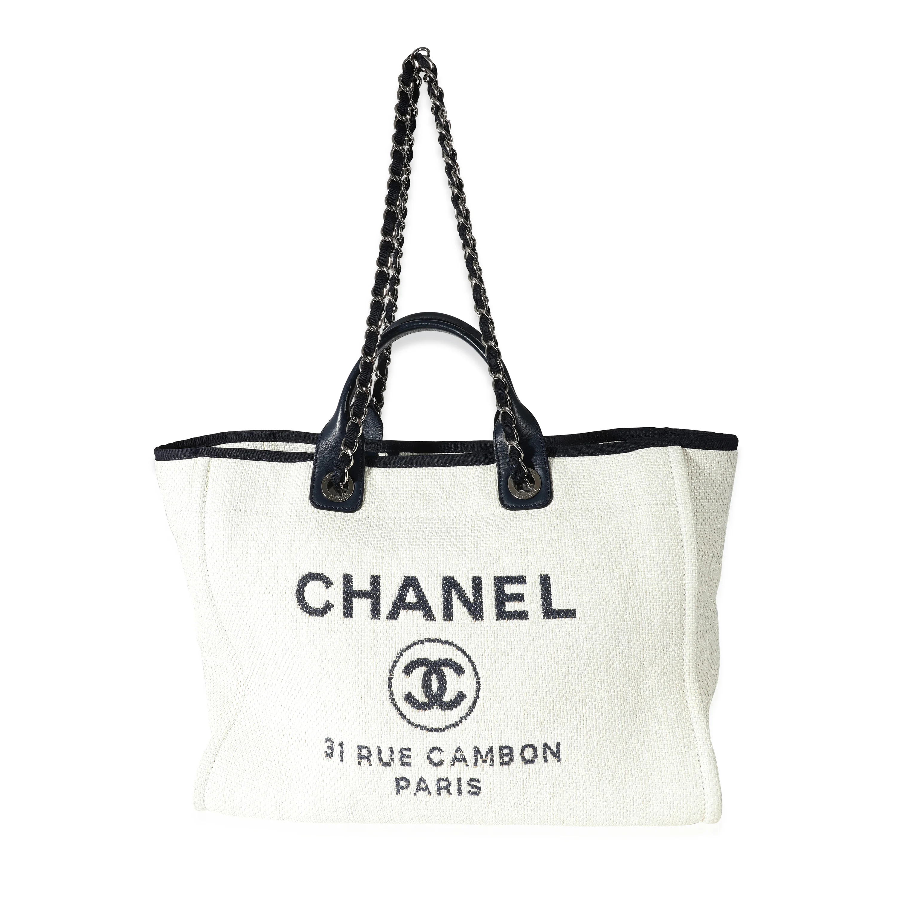 Chanel White Navy Mixed Fibres Large Deauville Tote - Image 4