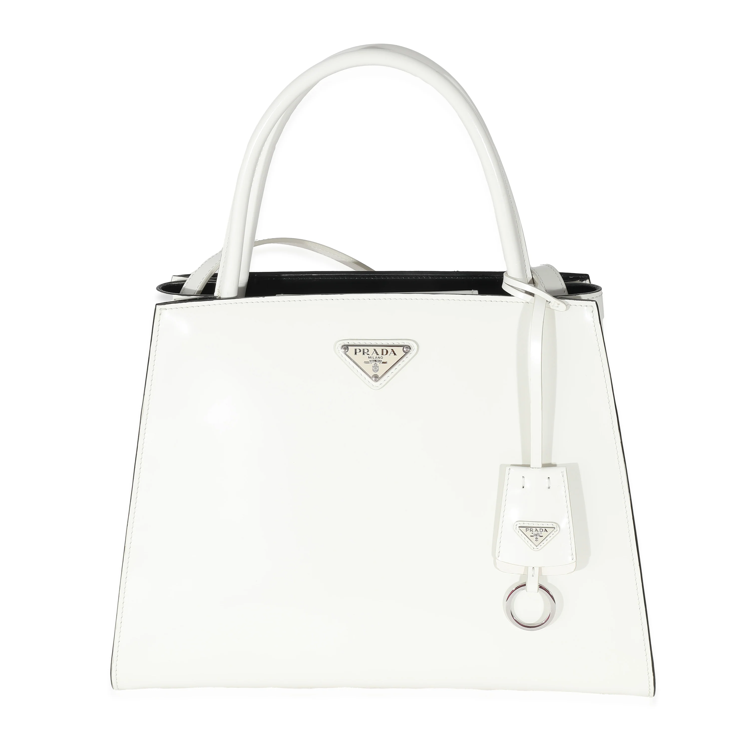 White Leather Trapeze Logo Plaque Tote