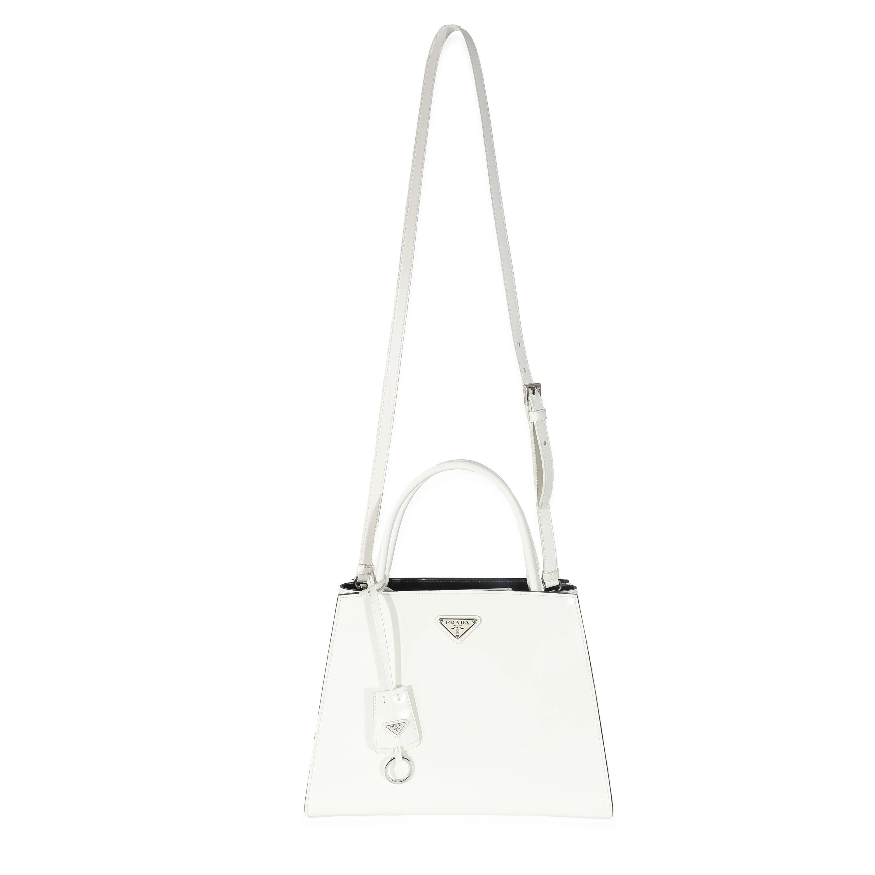 White Leather Trapeze Logo Plaque Tote - Image 8