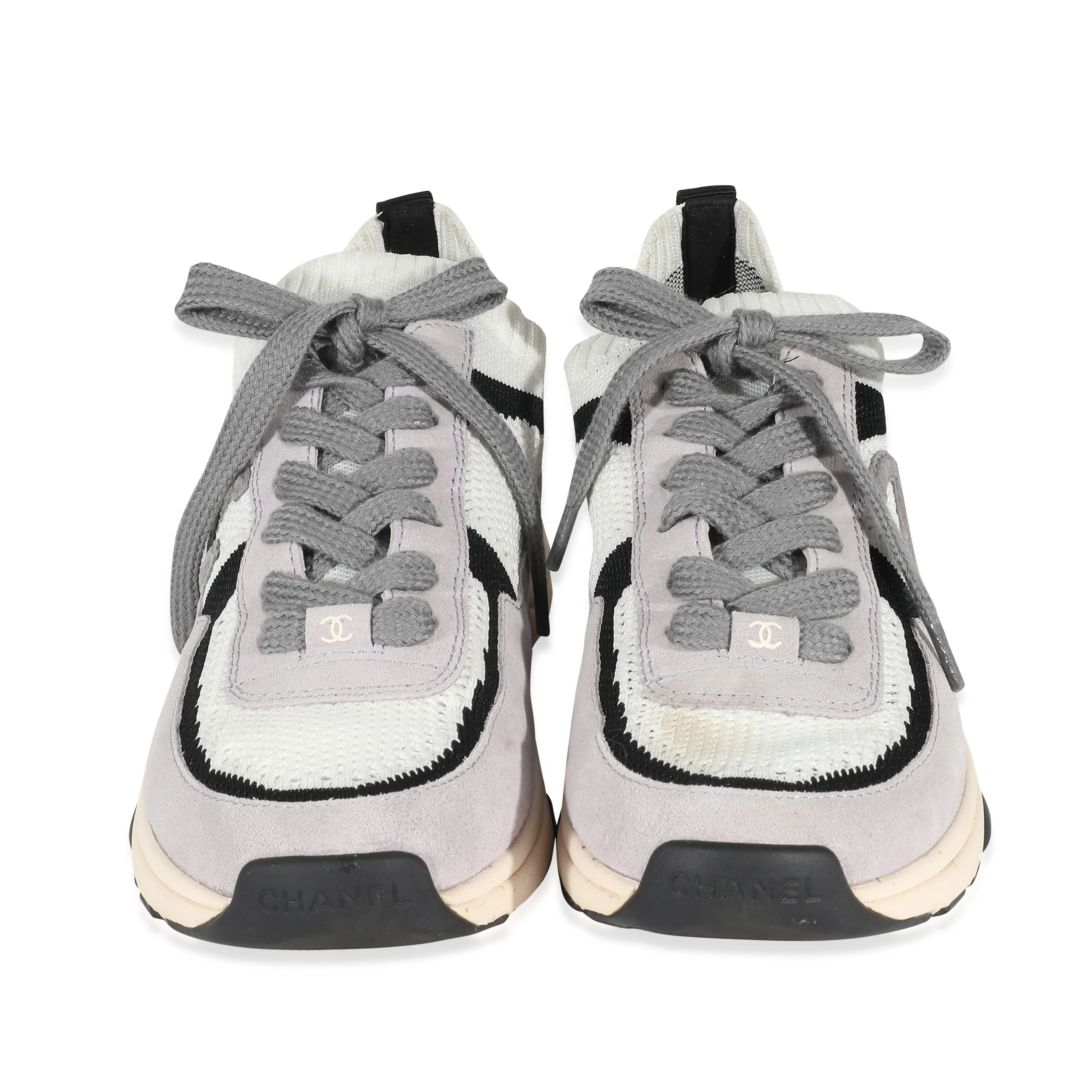 Chanel Grey White Mesh Suede CC Knit Runners 39 - Image 3