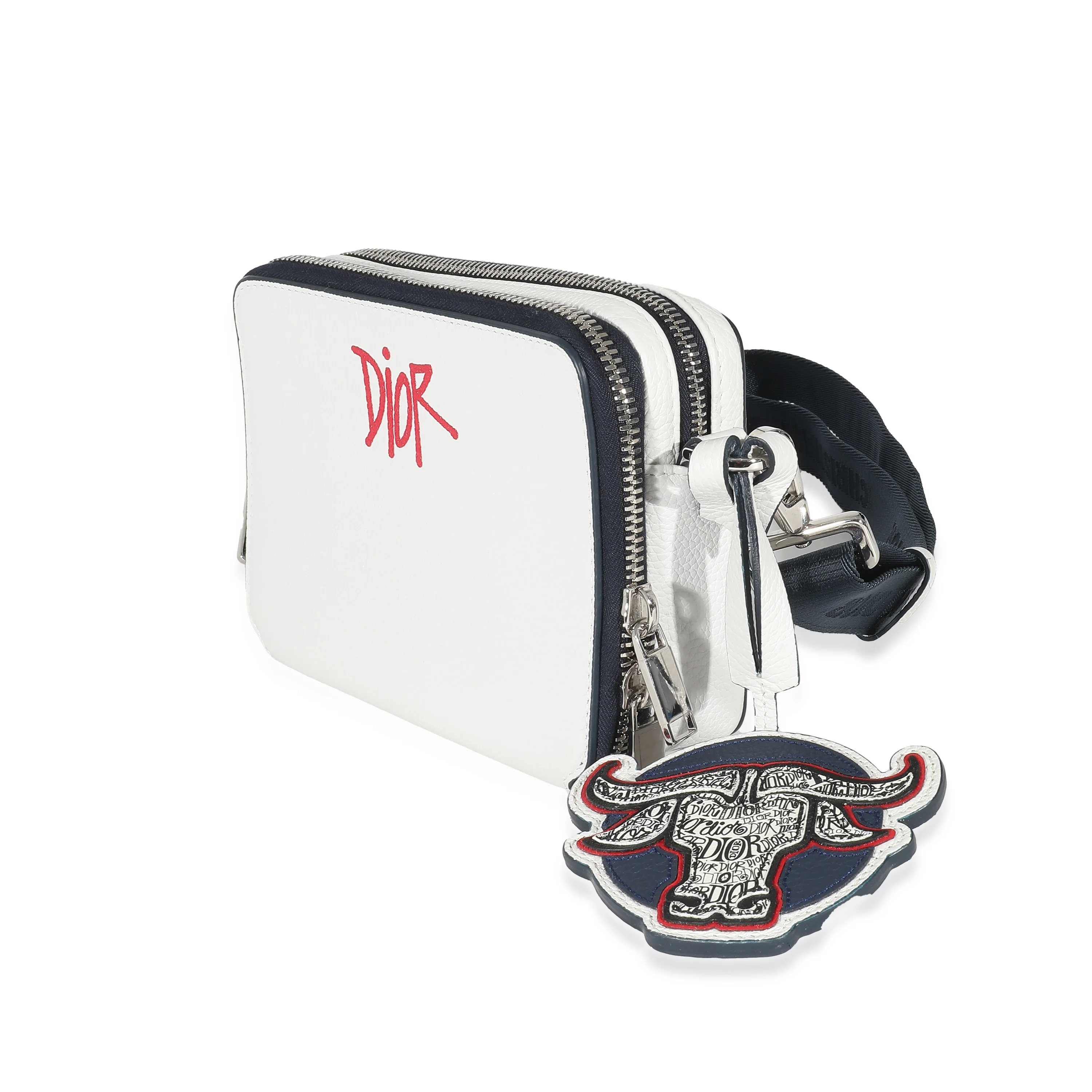 Dior x Shawn Stussy White Grained Calfskin Double Zip Crossbody Pouch - Image 6
