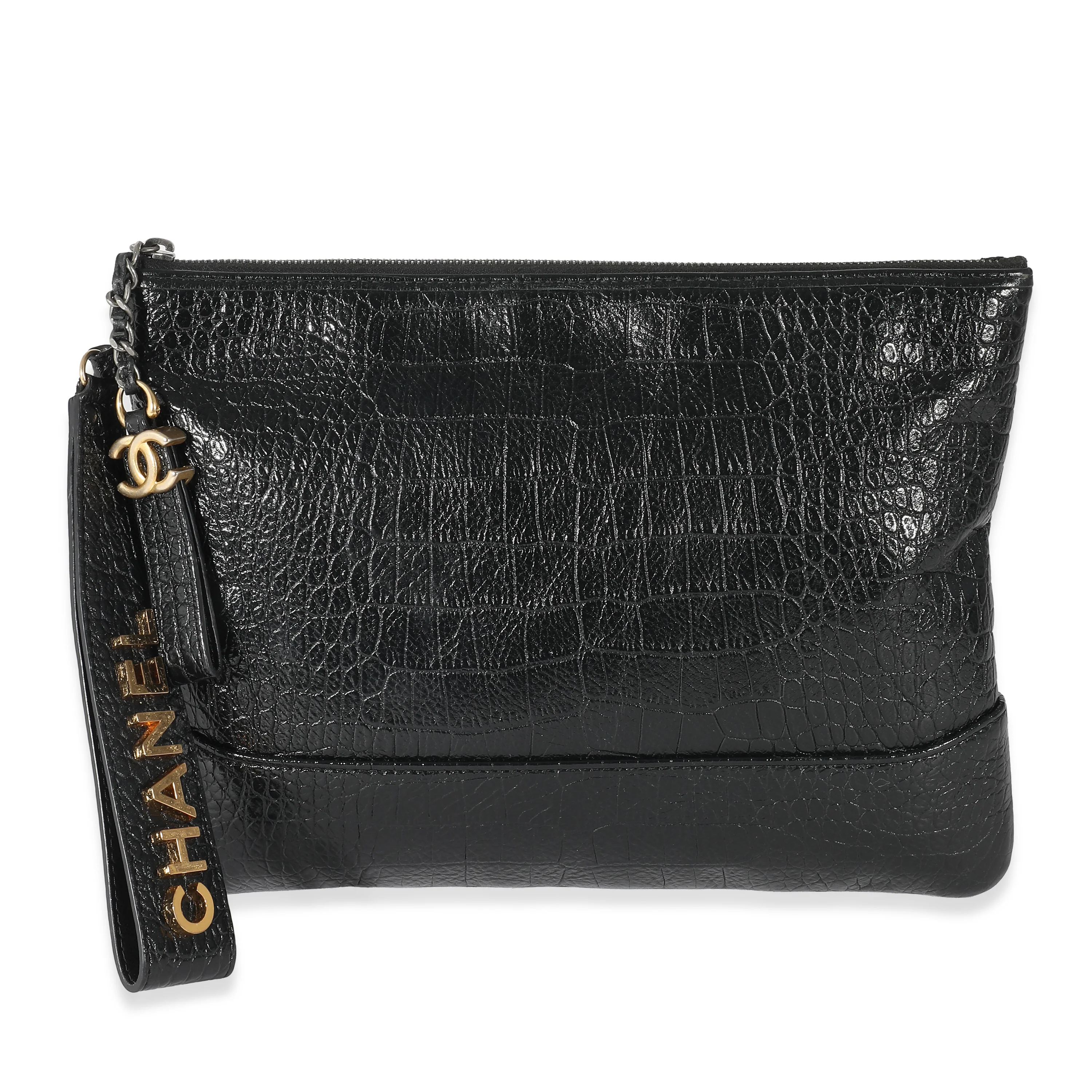 Chanel Black Embossed Croc Gabrielle Wristlet Clutch