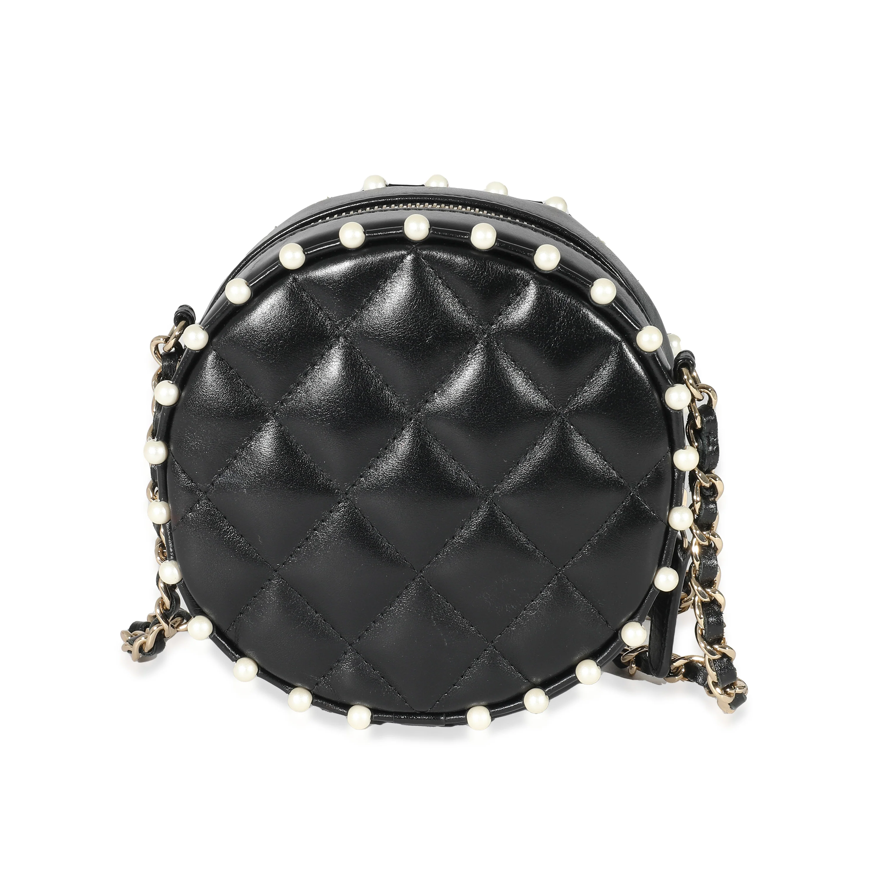 Chanel Black Quilted Lambskin Pearl Round Pouch With Chain - Image 3