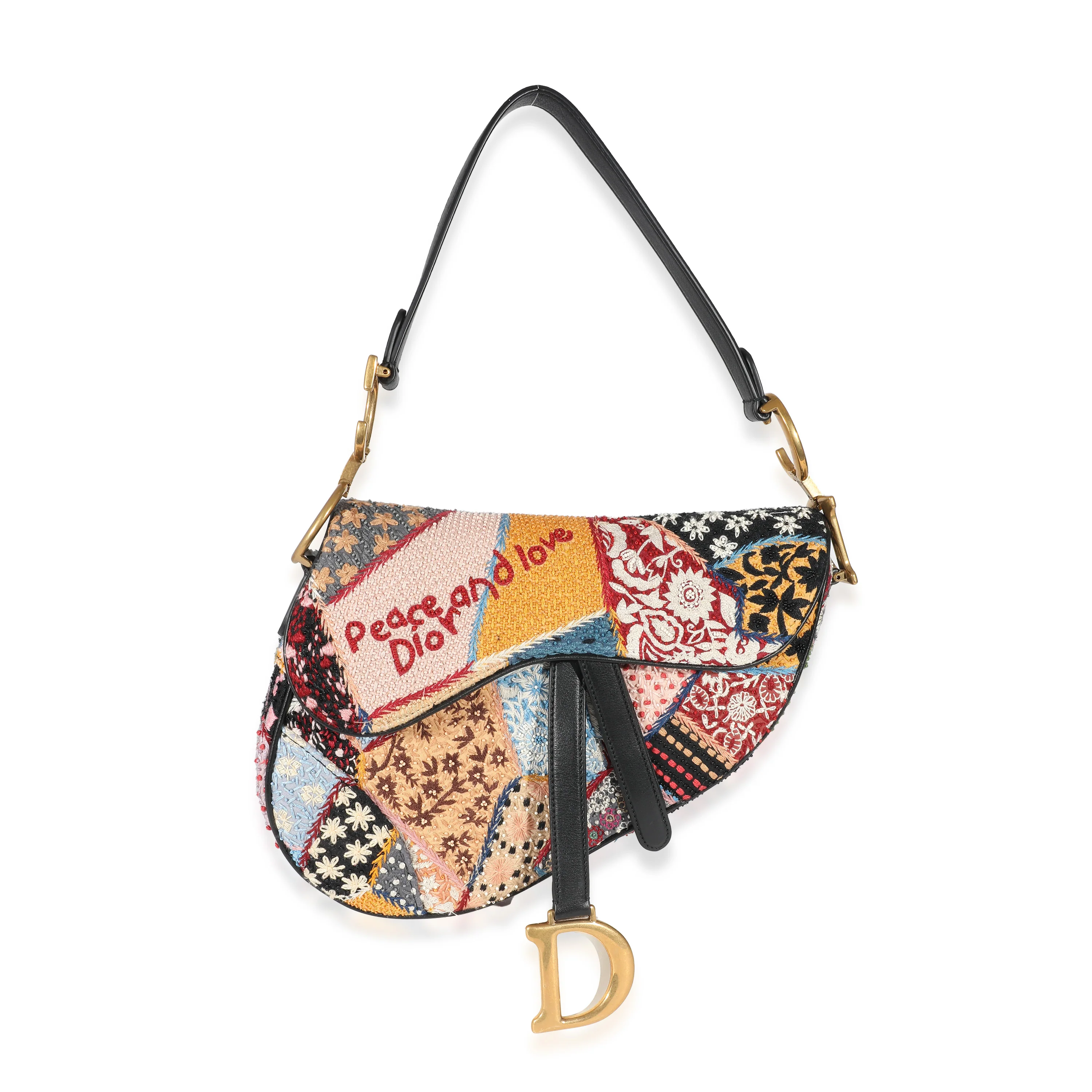 Christian Dior Beaded Multicolor Peace And Love Patchwork Saddle Bag