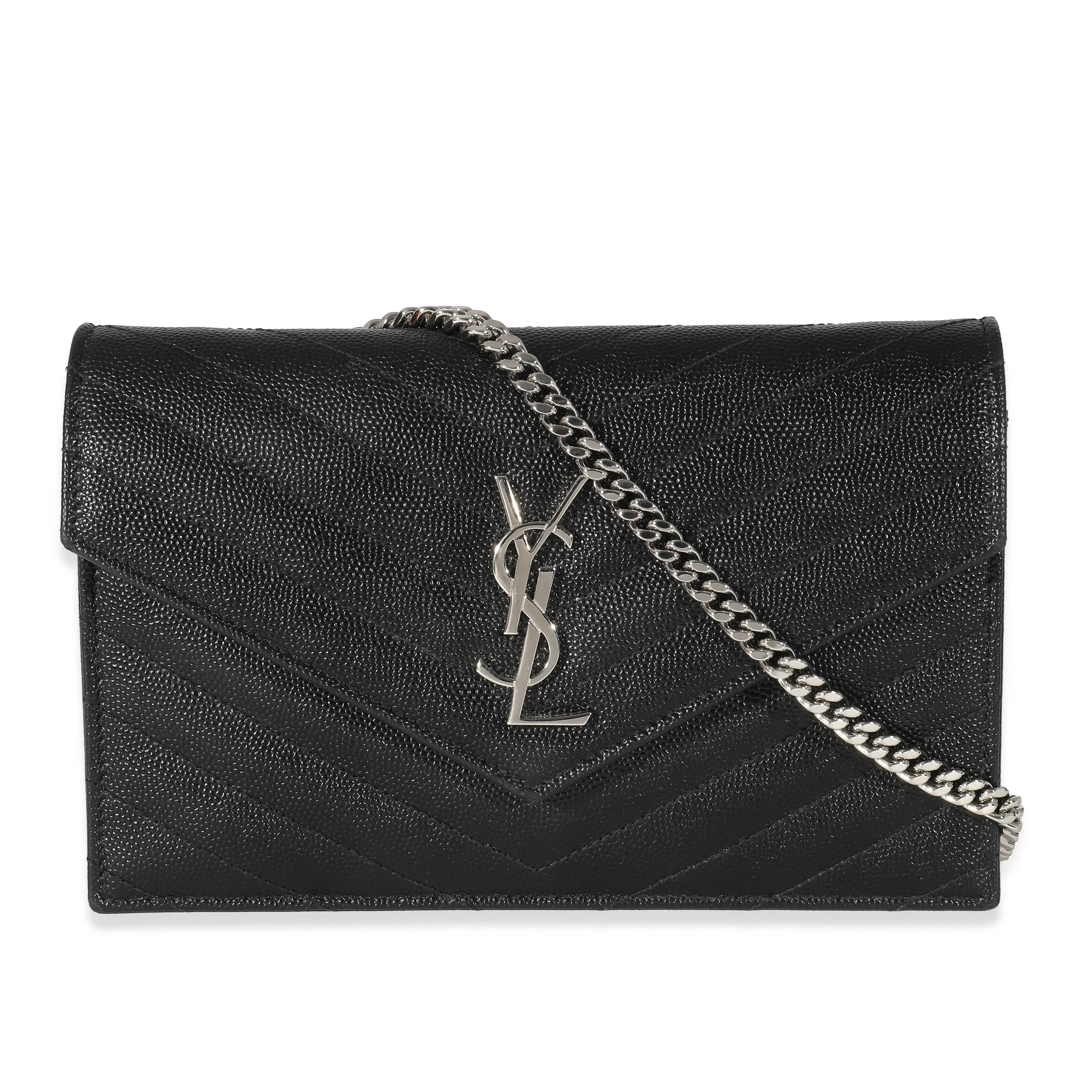 Saint Laurent Black Grain De Poudre Cassandre Envelope Chain Wallet