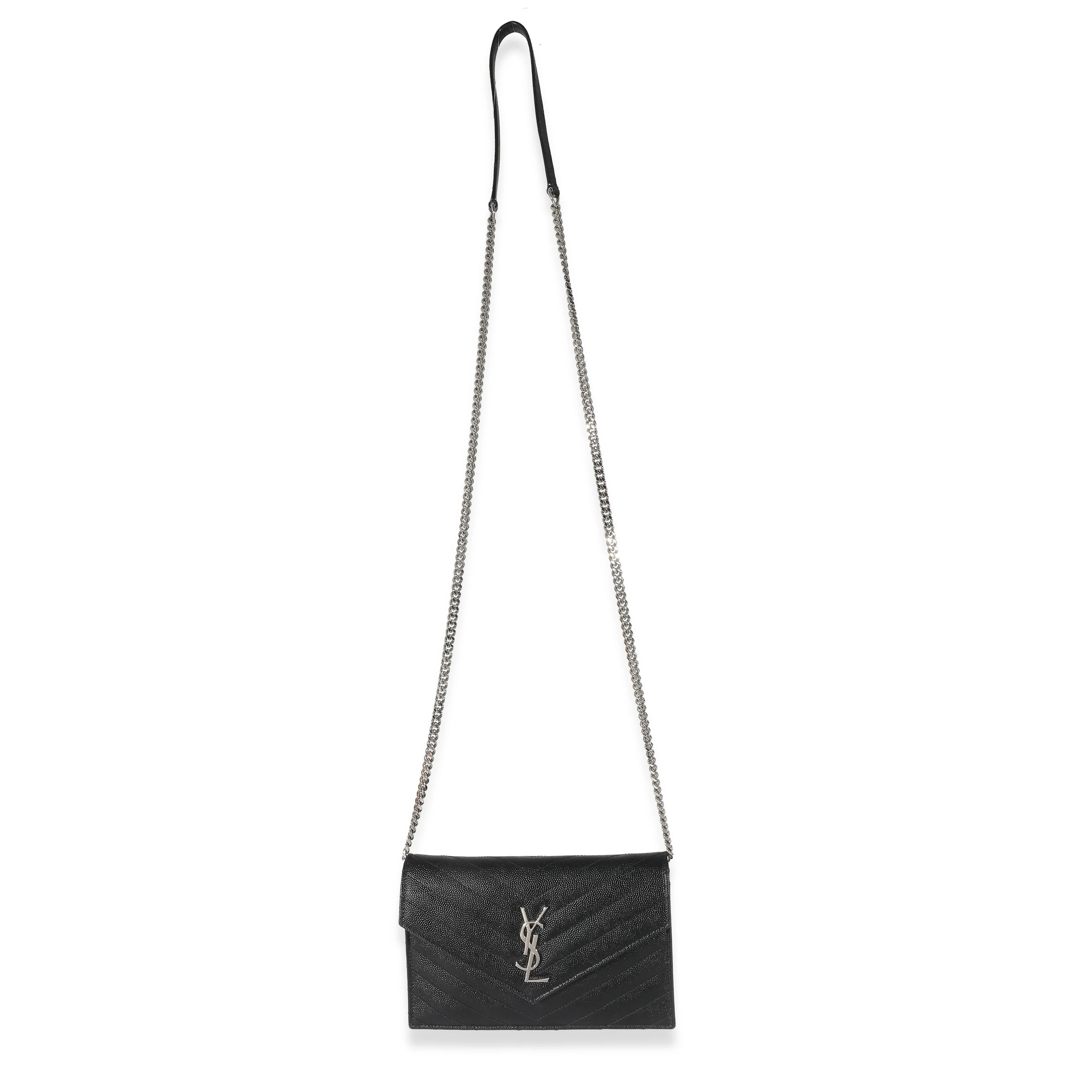 Saint Laurent Black Grain De Poudre Cassandre Envelope Chain Wallet - Image 4