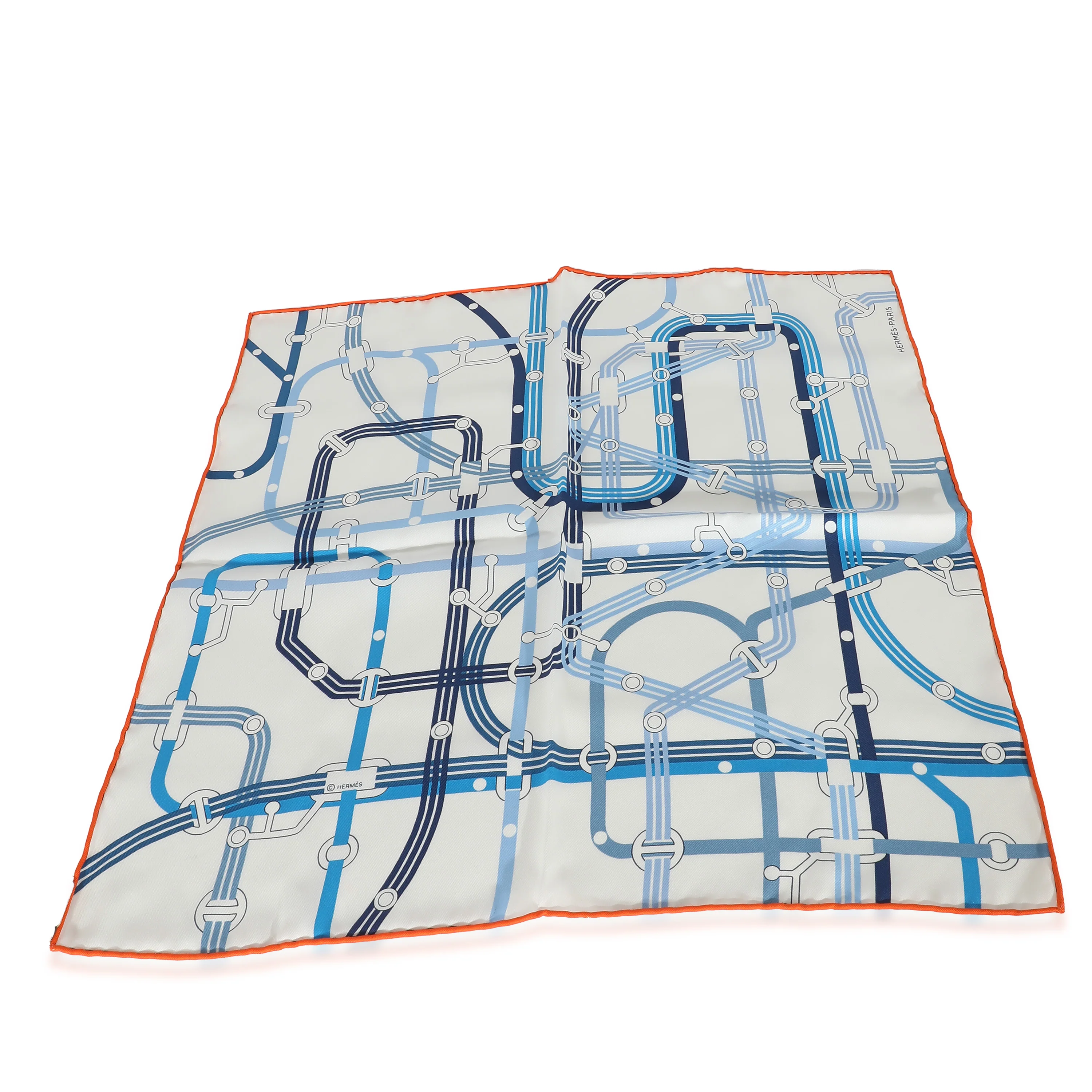 Hermès Silk Blanc Ciel Silk Orange Correspondance Hermès Paris Pocket Square 45 - Image 3