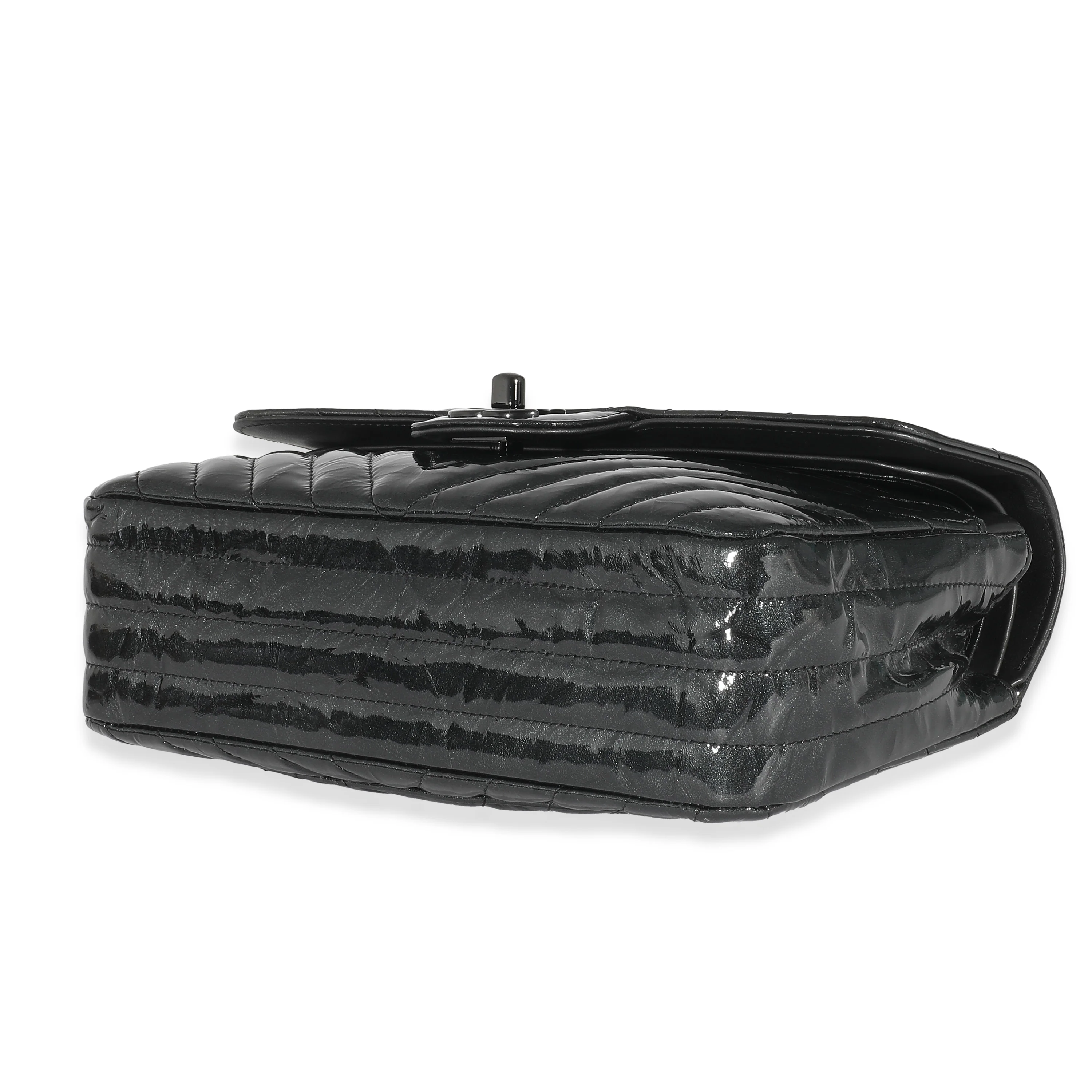 Chanel Metallic Black Chevron Crumpled Patent Small Classic Double Flap Bag - Image 5