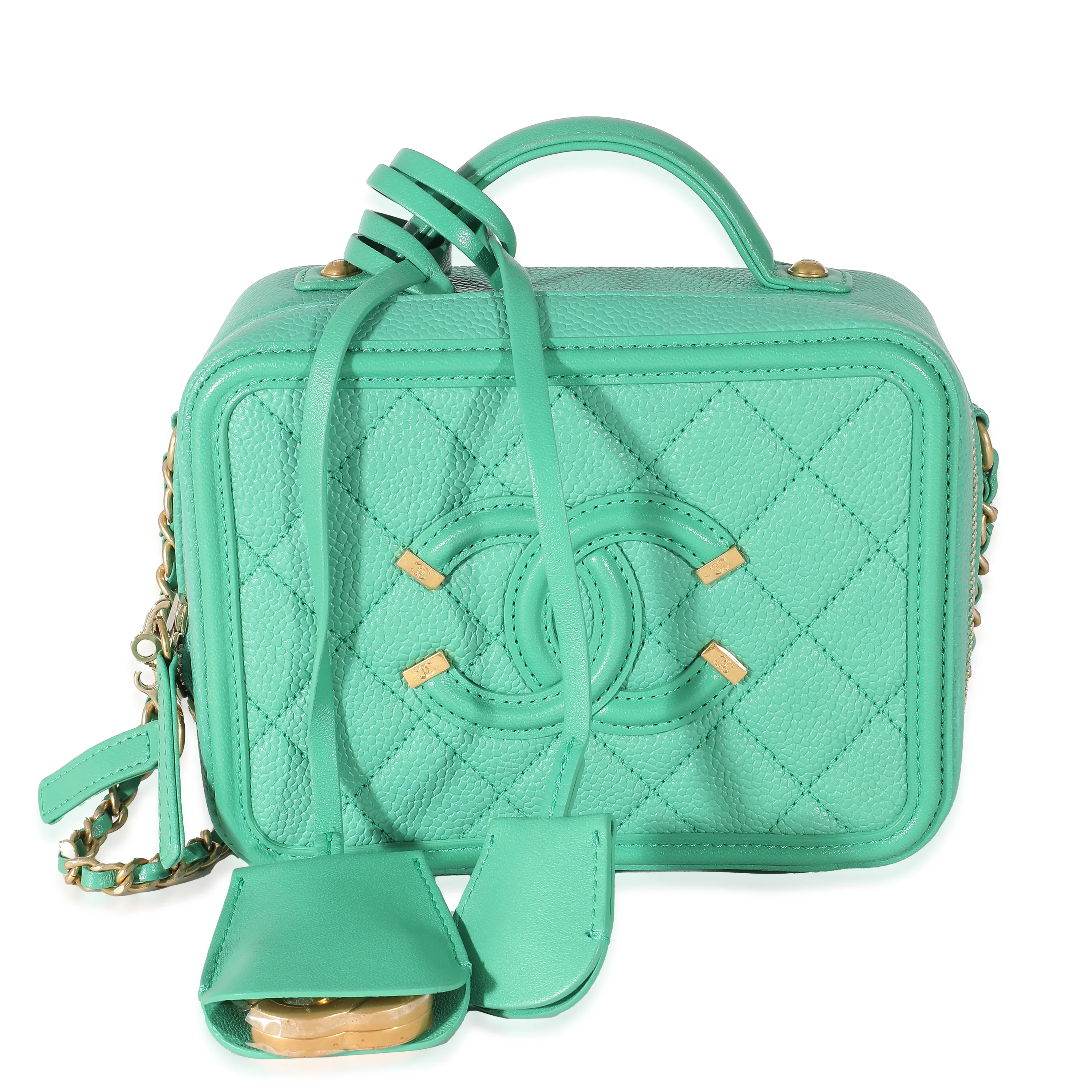 Chanel Green Quilted Caviar CC Small Filigree Vanity Case