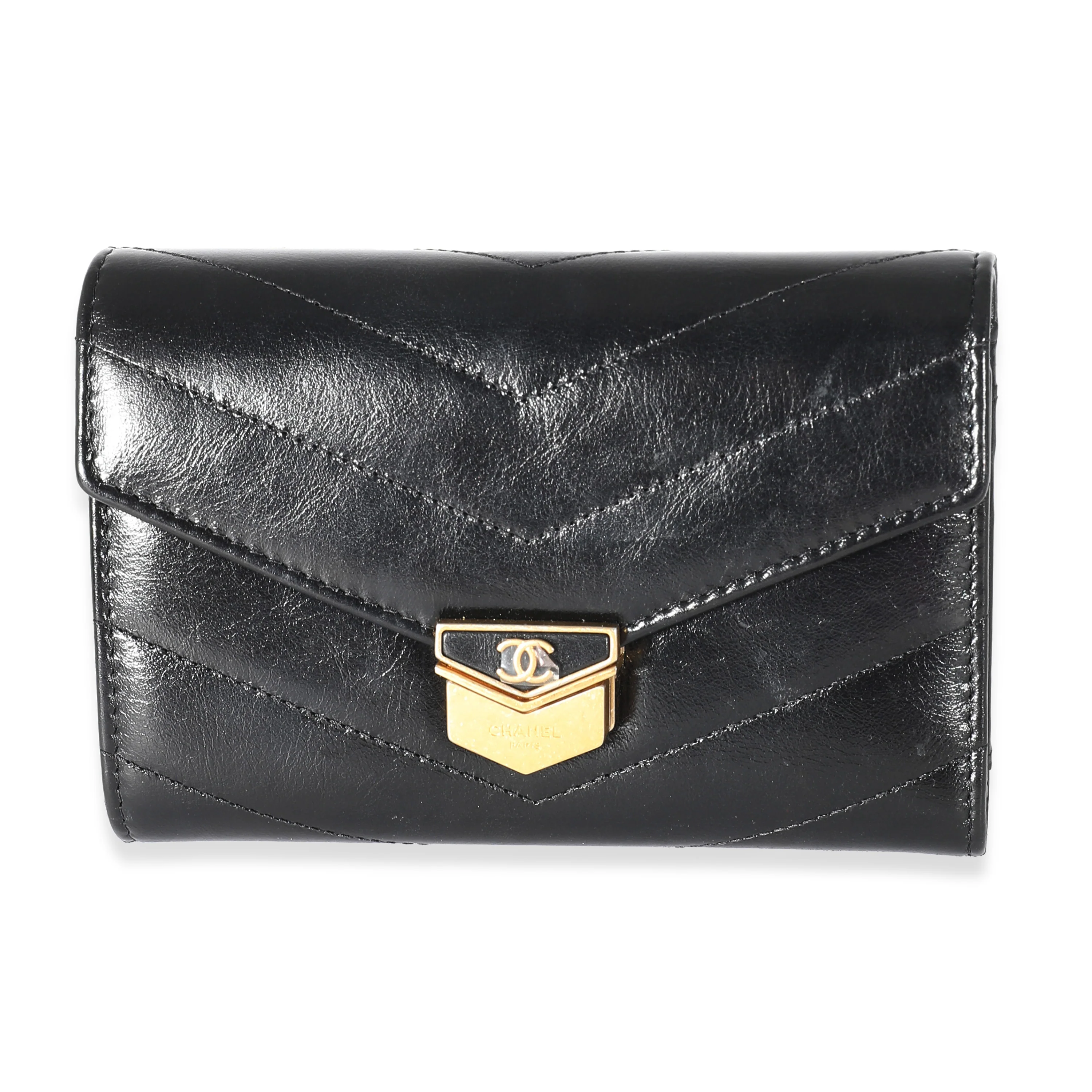 Chanel 18A Black Chevron Calfskin Small Medal Wallet