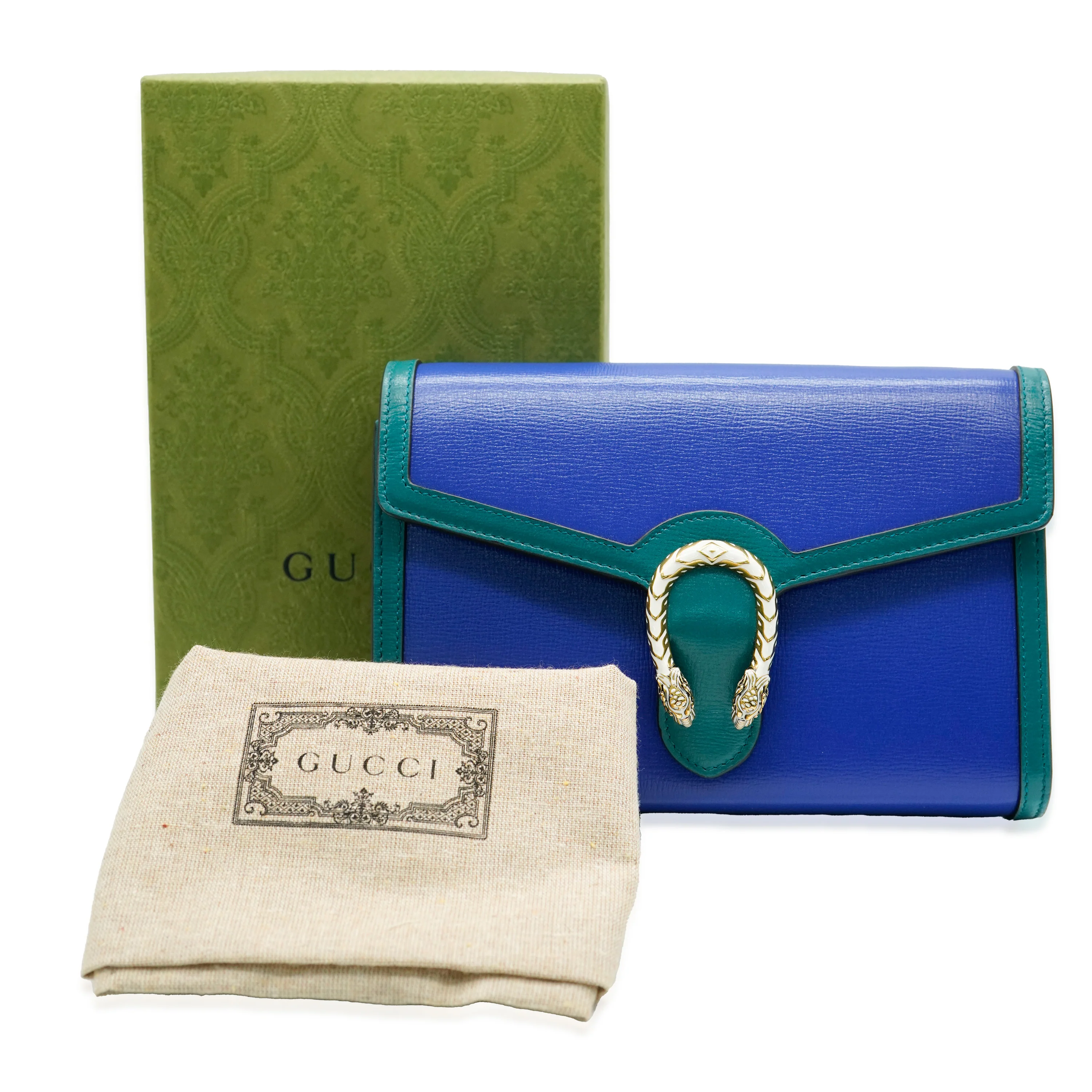 Gucci Green & Blue Textured Calfskin Dionysus Chain Wallet - Image 9