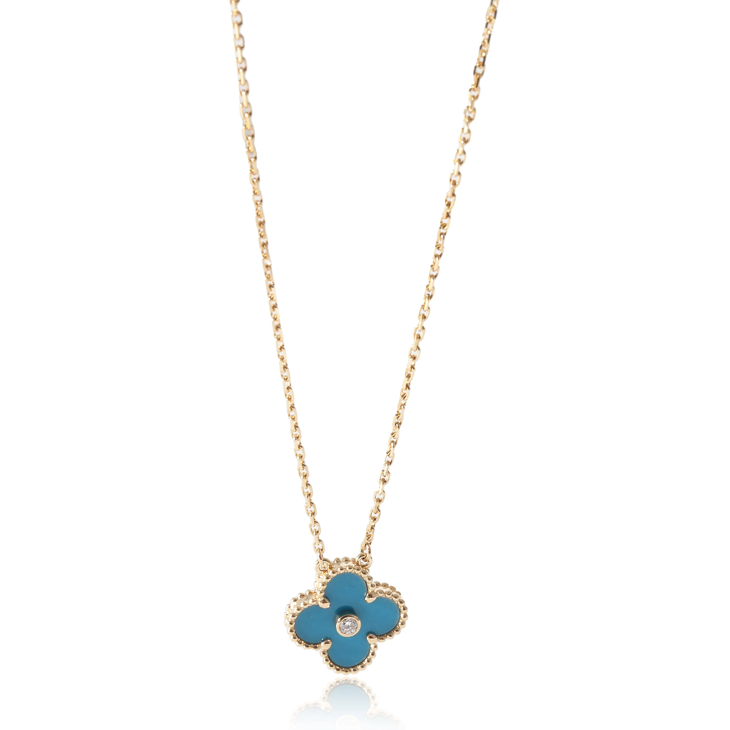 Van Cleef & Arpels Alhambra Blue Porcelain & Diamond Pendant 18k Gold 0.05 CTW
