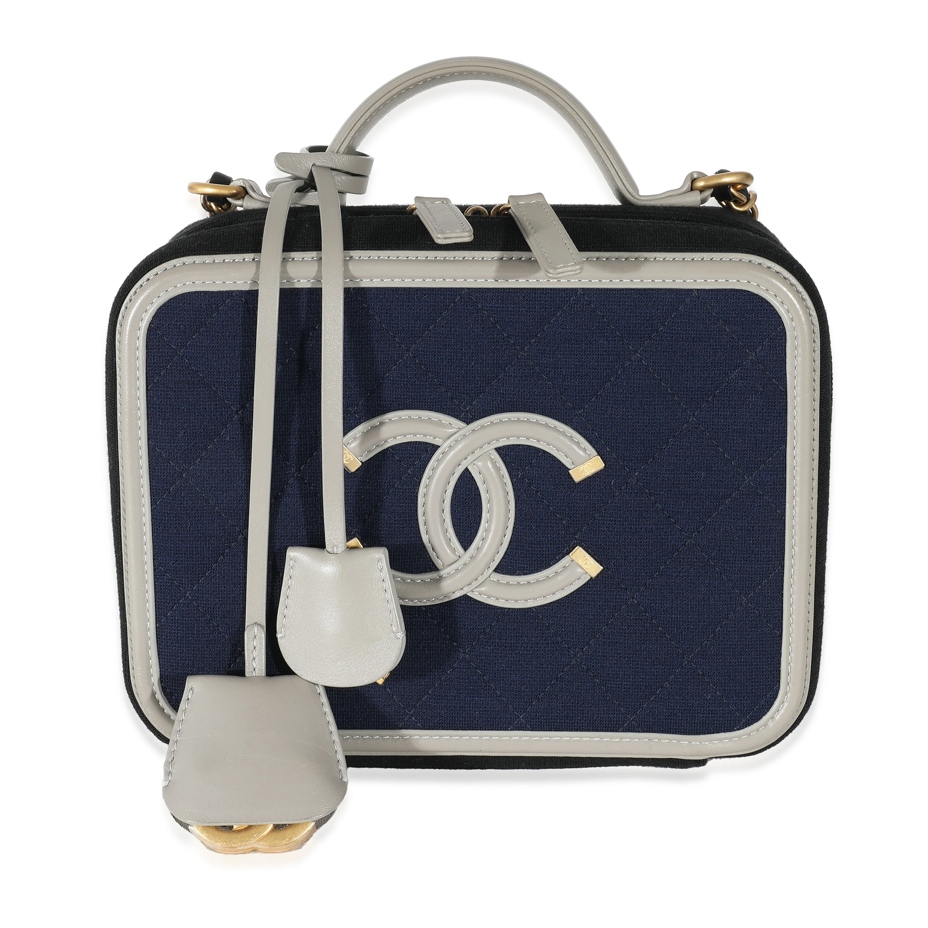 Chanel Navy Grey Multicolor Jersey Medium Filigree Vanity Case