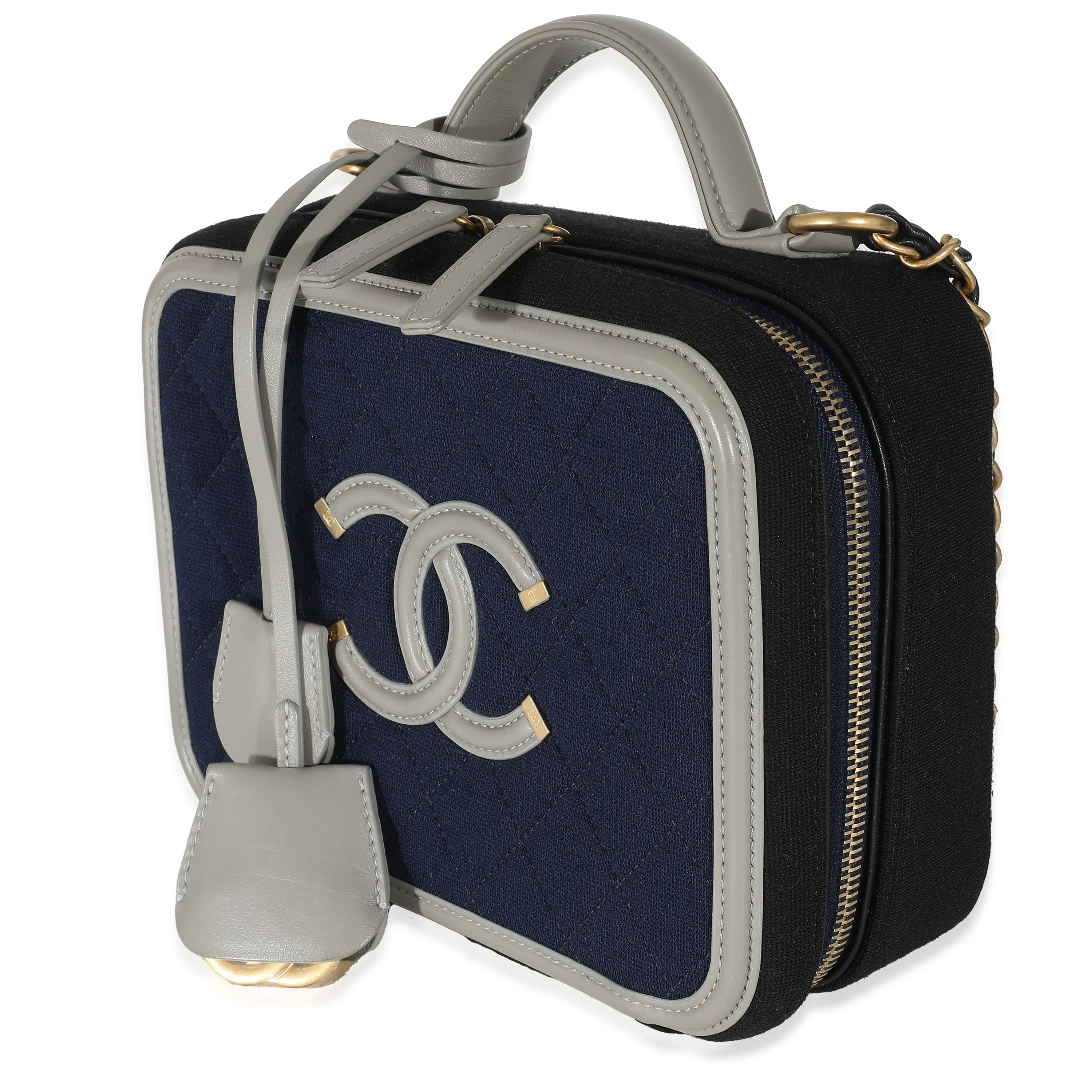 Chanel Navy Grey Multicolor Jersey Medium Filigree Vanity Case - Image 2