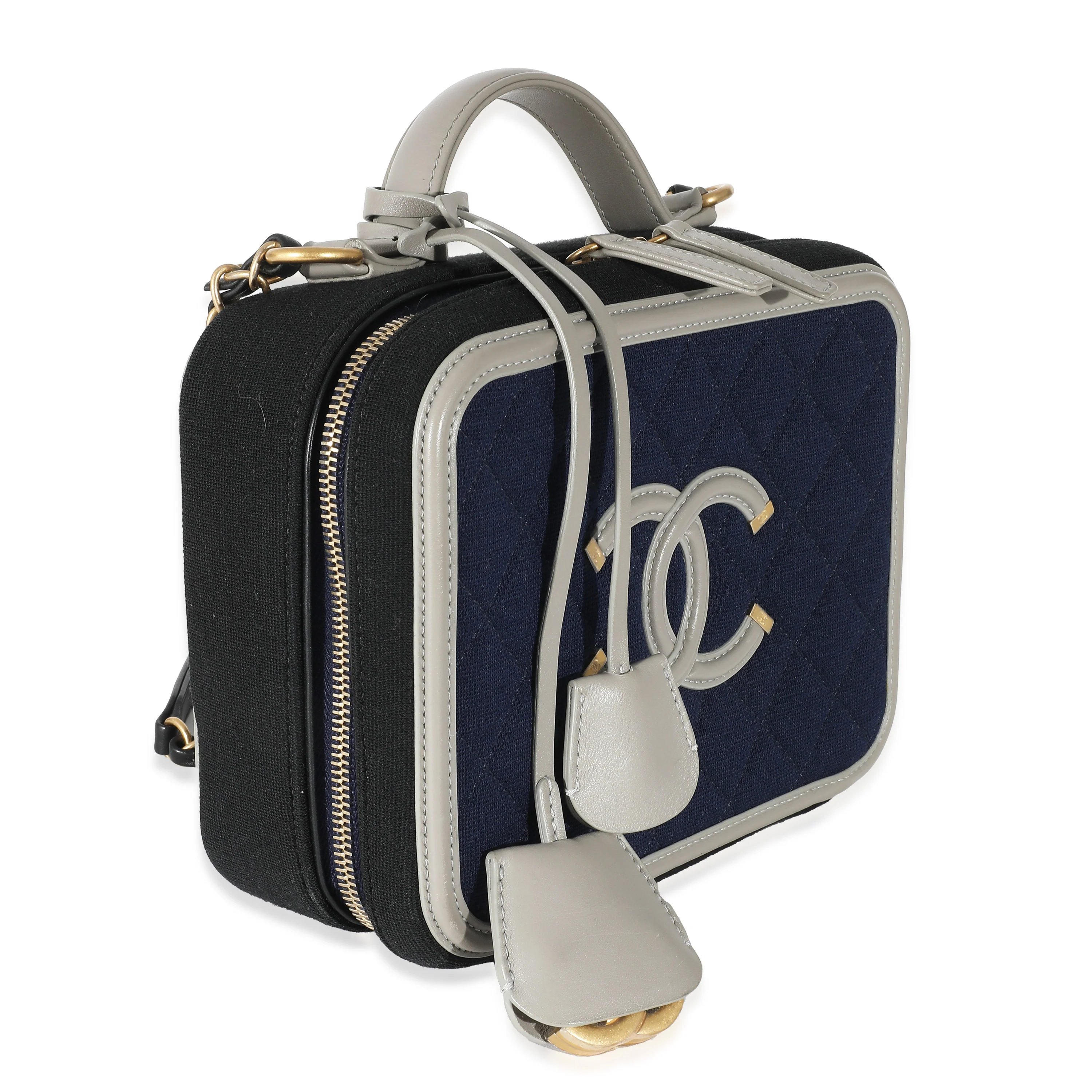 Chanel Navy Grey Multicolor Jersey Medium Filigree Vanity Case - Image 3