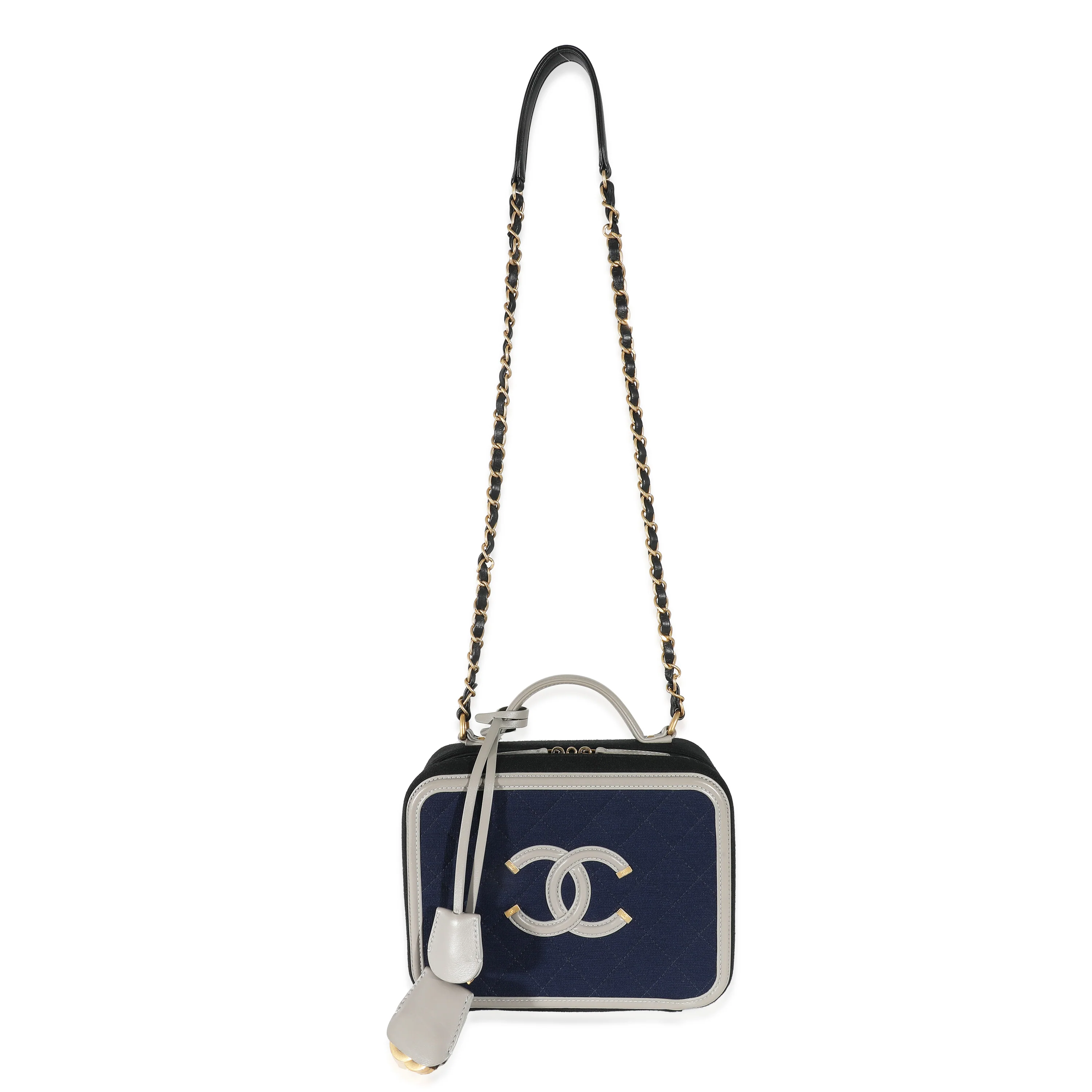 Chanel Navy Grey Multicolor Jersey Medium Filigree Vanity Case - Image 4