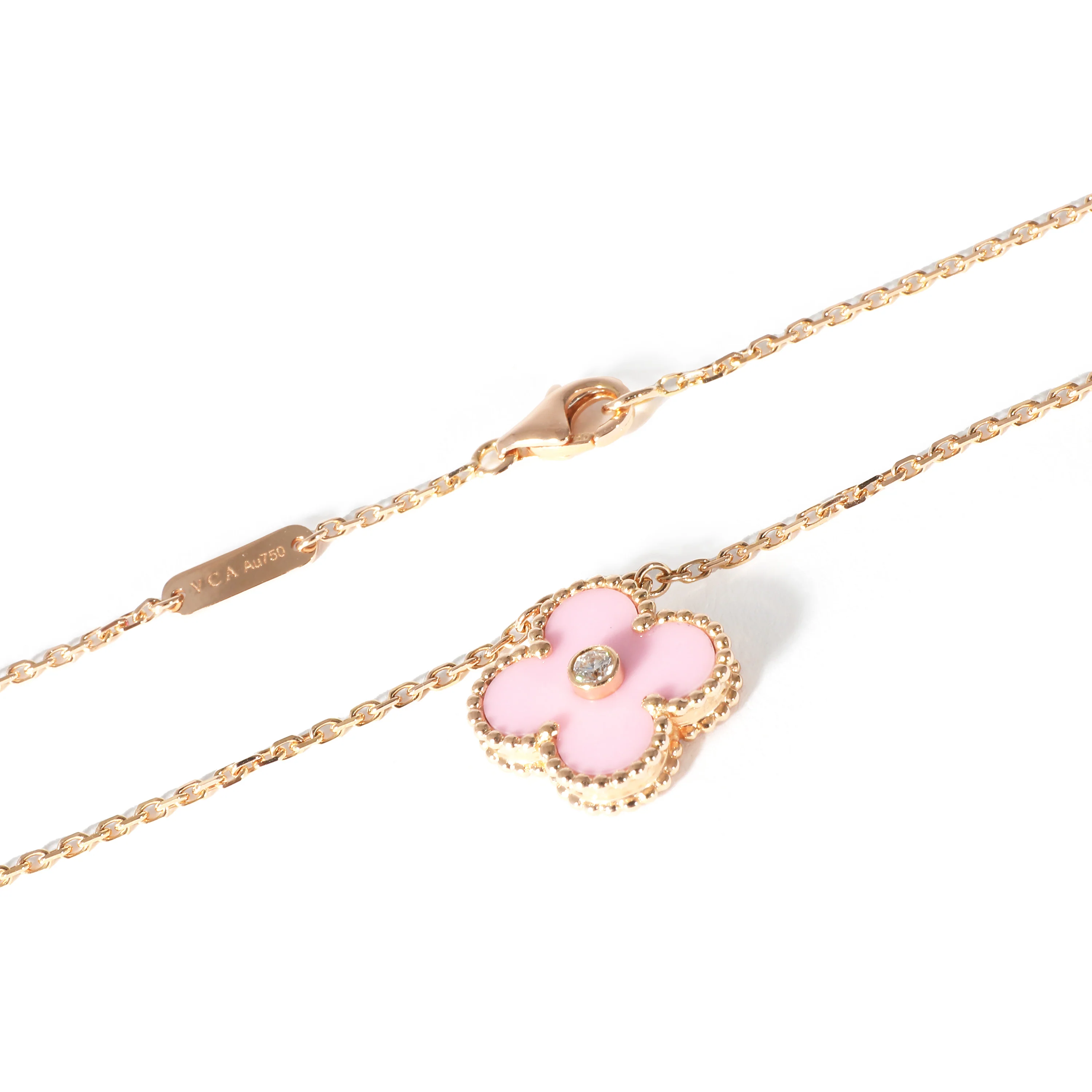 Van Cleef & Arpels Alhambra Pink Porcelain & Diamond Pendant 18k Gold 0.05 CTW - Image 3