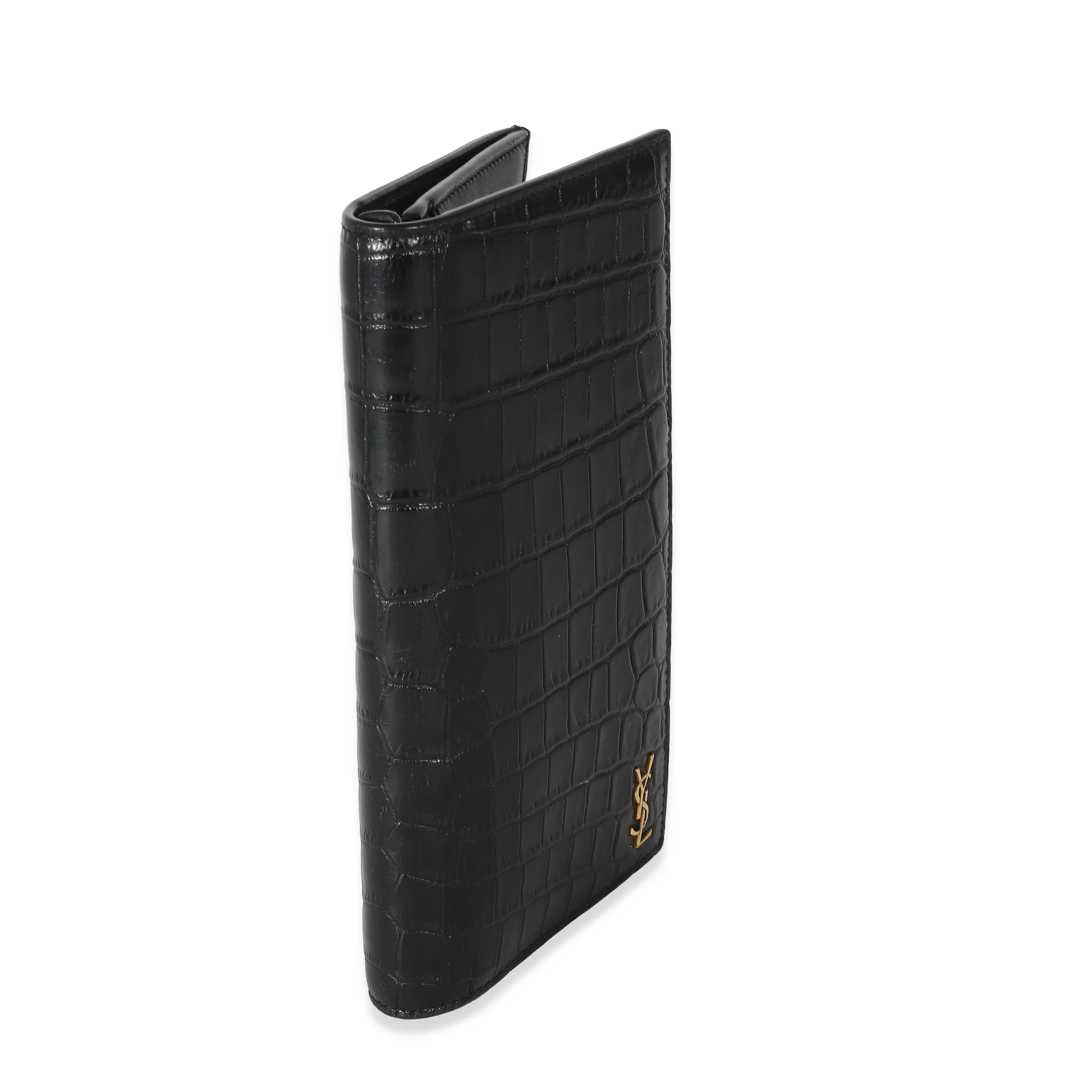Saint Laurent Black Croc Embossed Leather Tiny Cassandre Long Wallet - Image 3