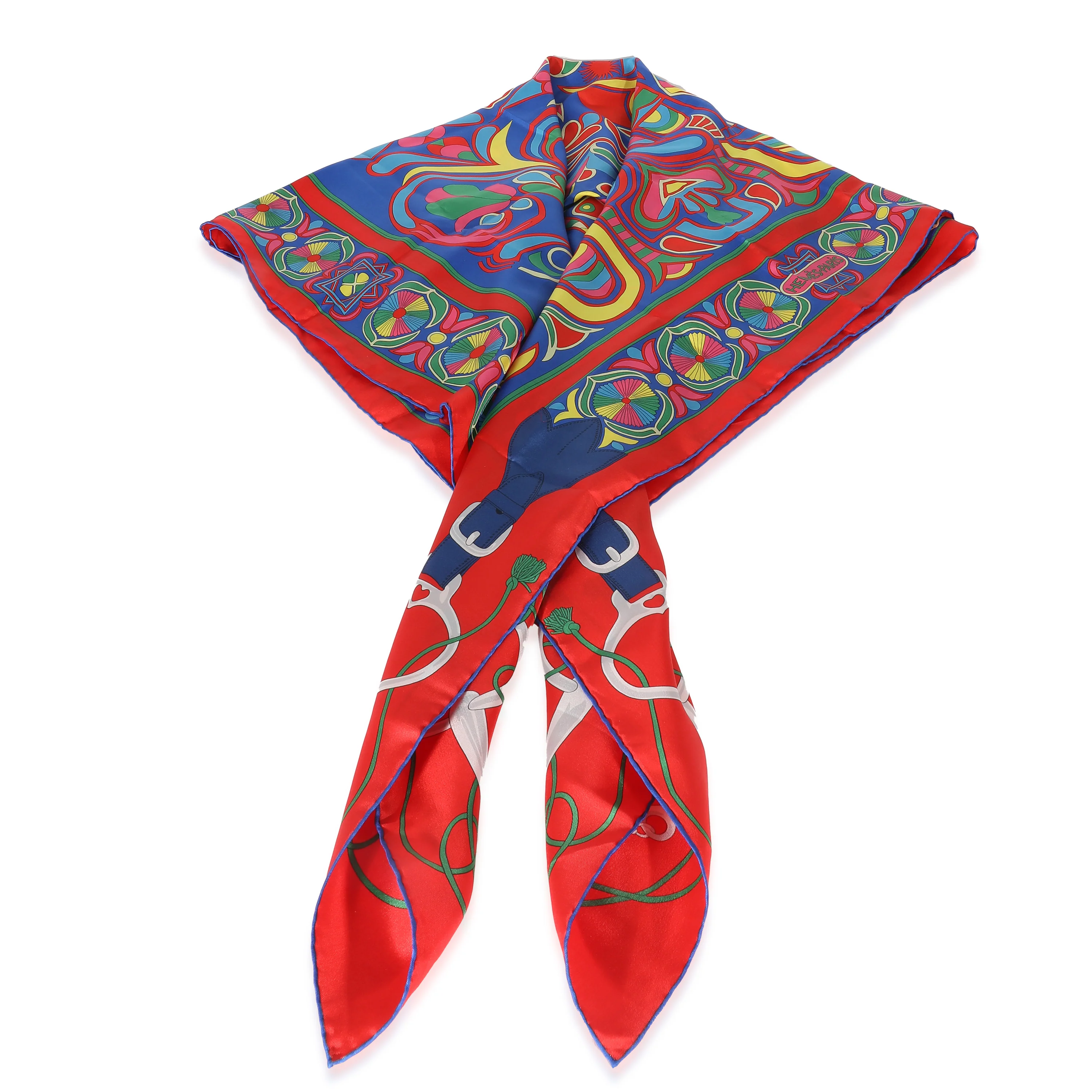 Red Blue Silk Folklore Scarf 140 - Image 3