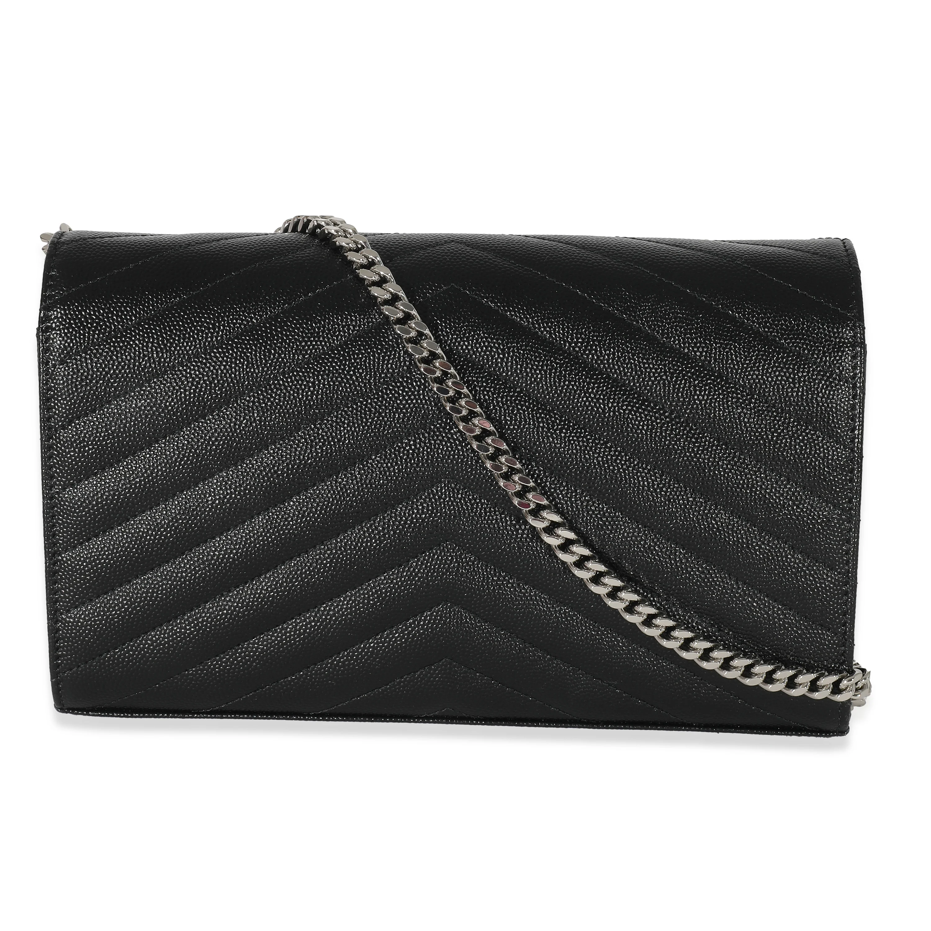 Saint Laurent Black Grain De Poudre Cassandre Envelope Chain Wallet - Image 4