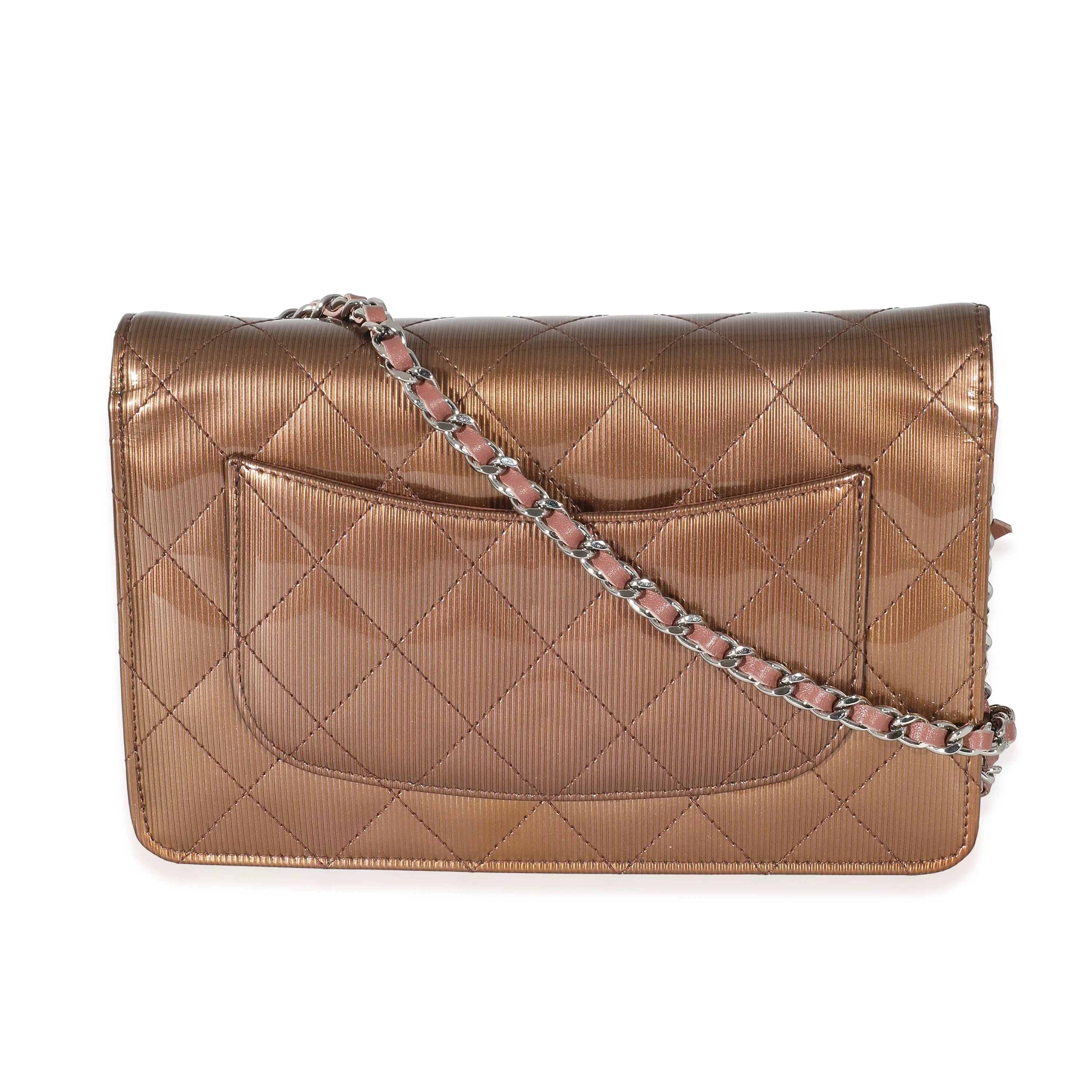 Chanel Bronze Metallic Quilted Patent Striated Wallet On Chain - Image 3