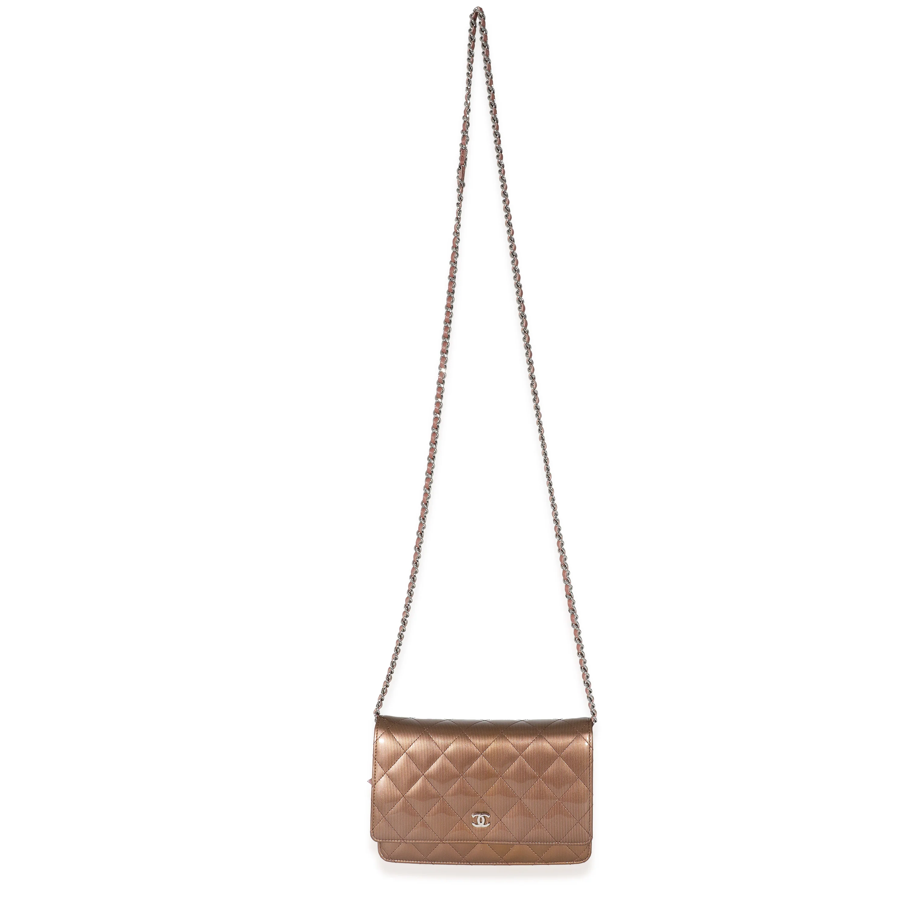 Chanel Bronze Metallic Quilted Patent Striated Wallet On Chain - Image 4